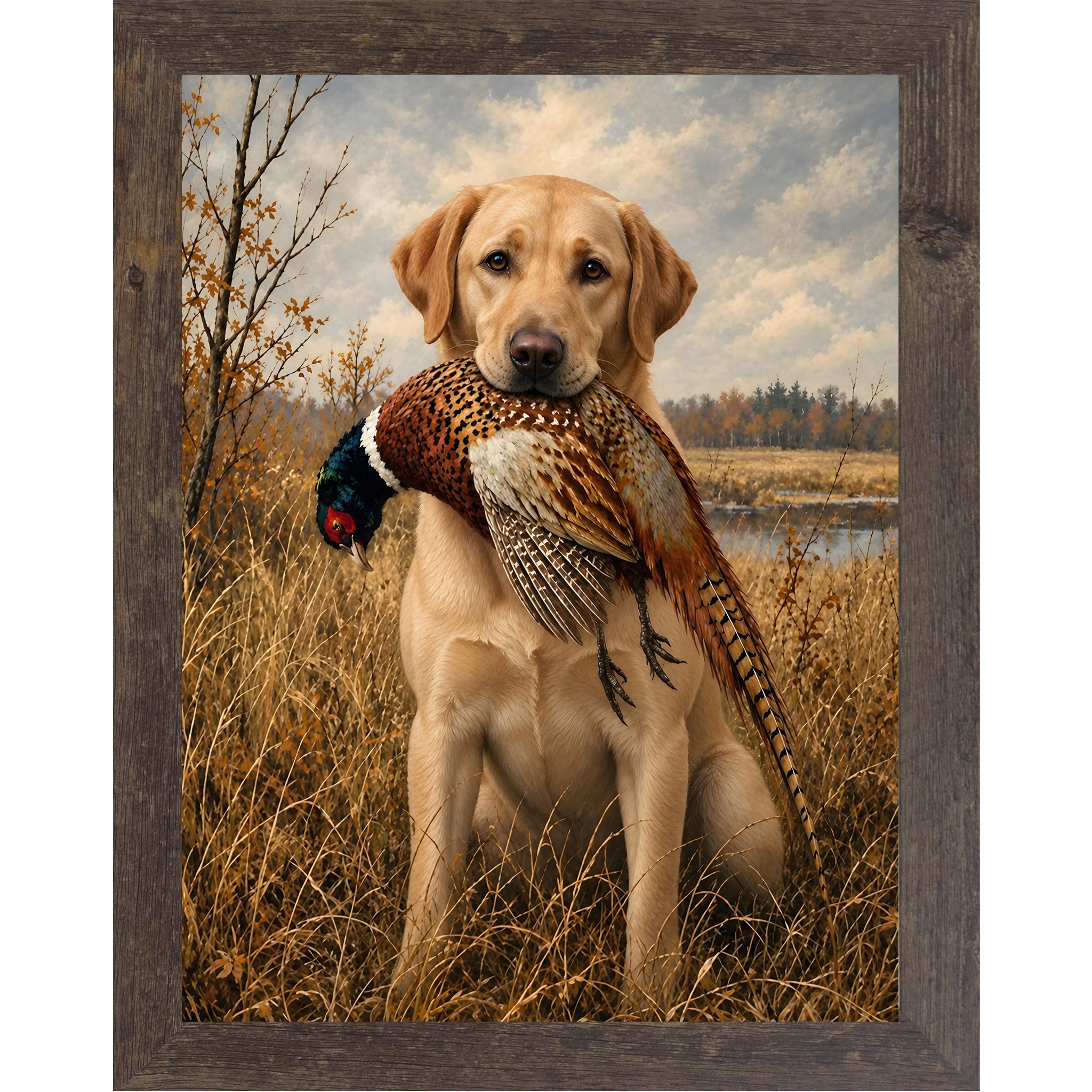 Natural brown framed portrait heritage hunting dog wall art featuring a yellow Labrador holding a pheasant in a golden autumn field