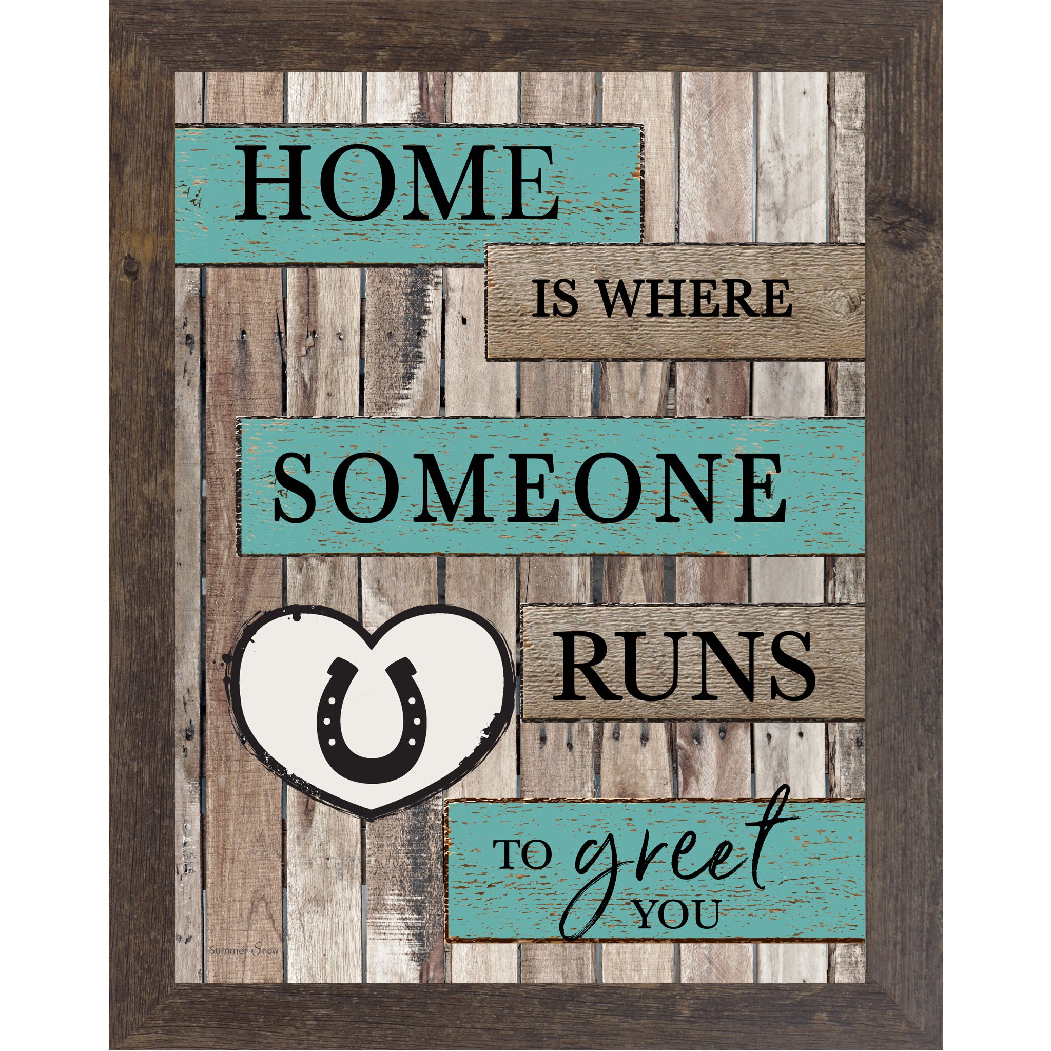 Natural brown framed portrait rustic pallet wood horse wall art with turquoise and wood plank banners reading Home Is Where Someone Runs to Greet You with a white horseshoe heart icon