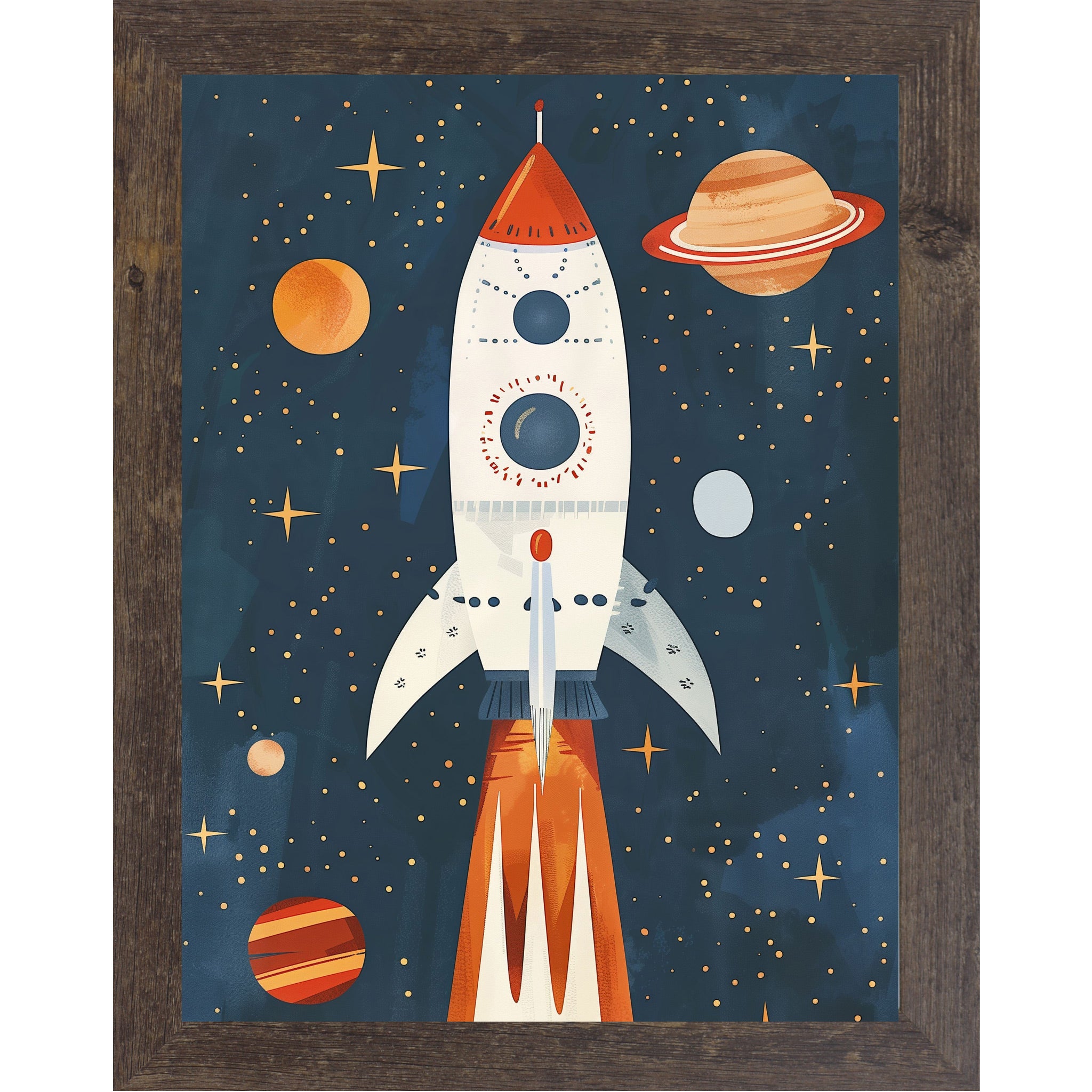 Natural brown framed portrait space wall art featuring a vivid rocket ship blasting off through a star-filled navy sky with glowing planets — SB265