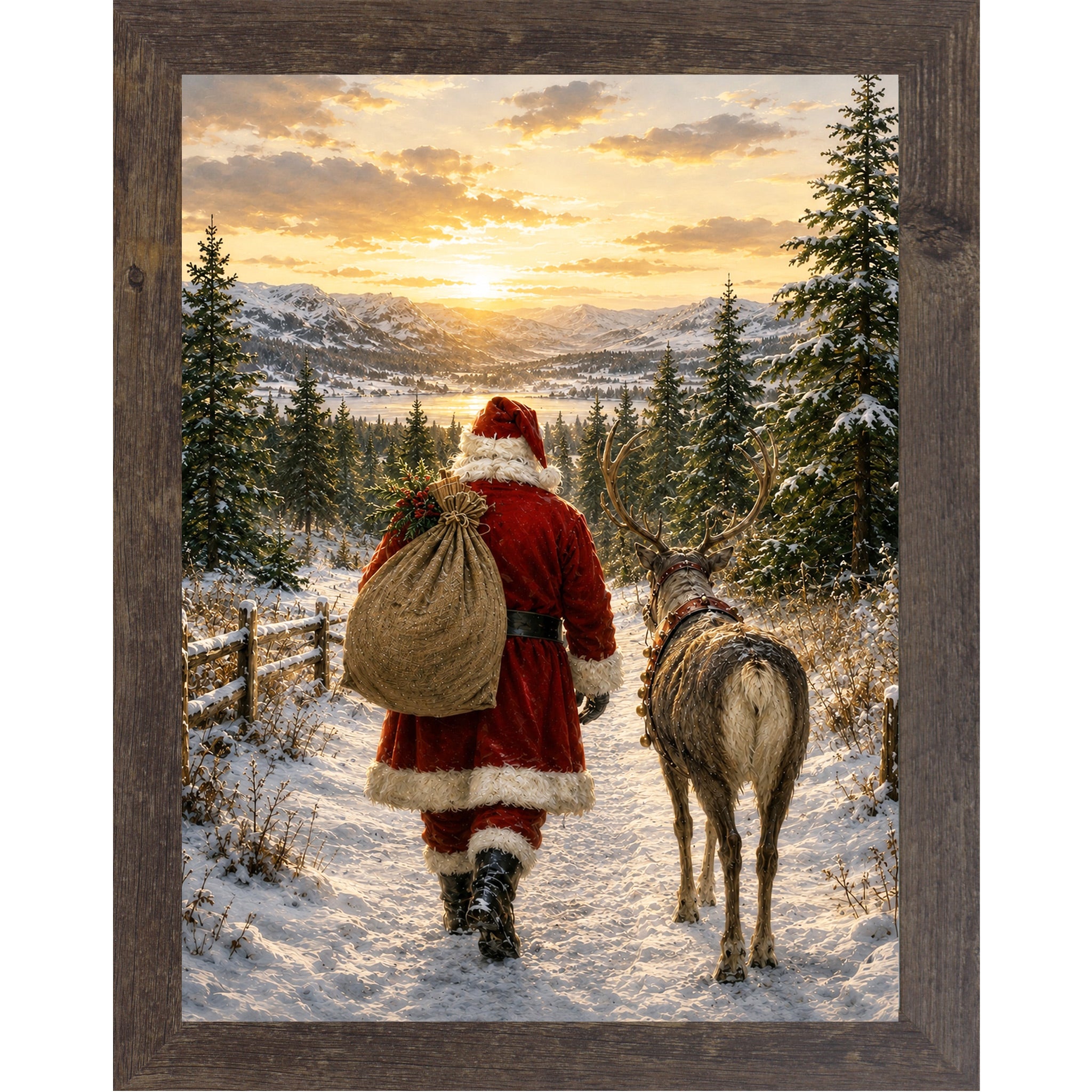 Natural brown framed portrait heritage Christmas wall art featuring Santa walking a snowy mountain path at sunrise beside a reindeer