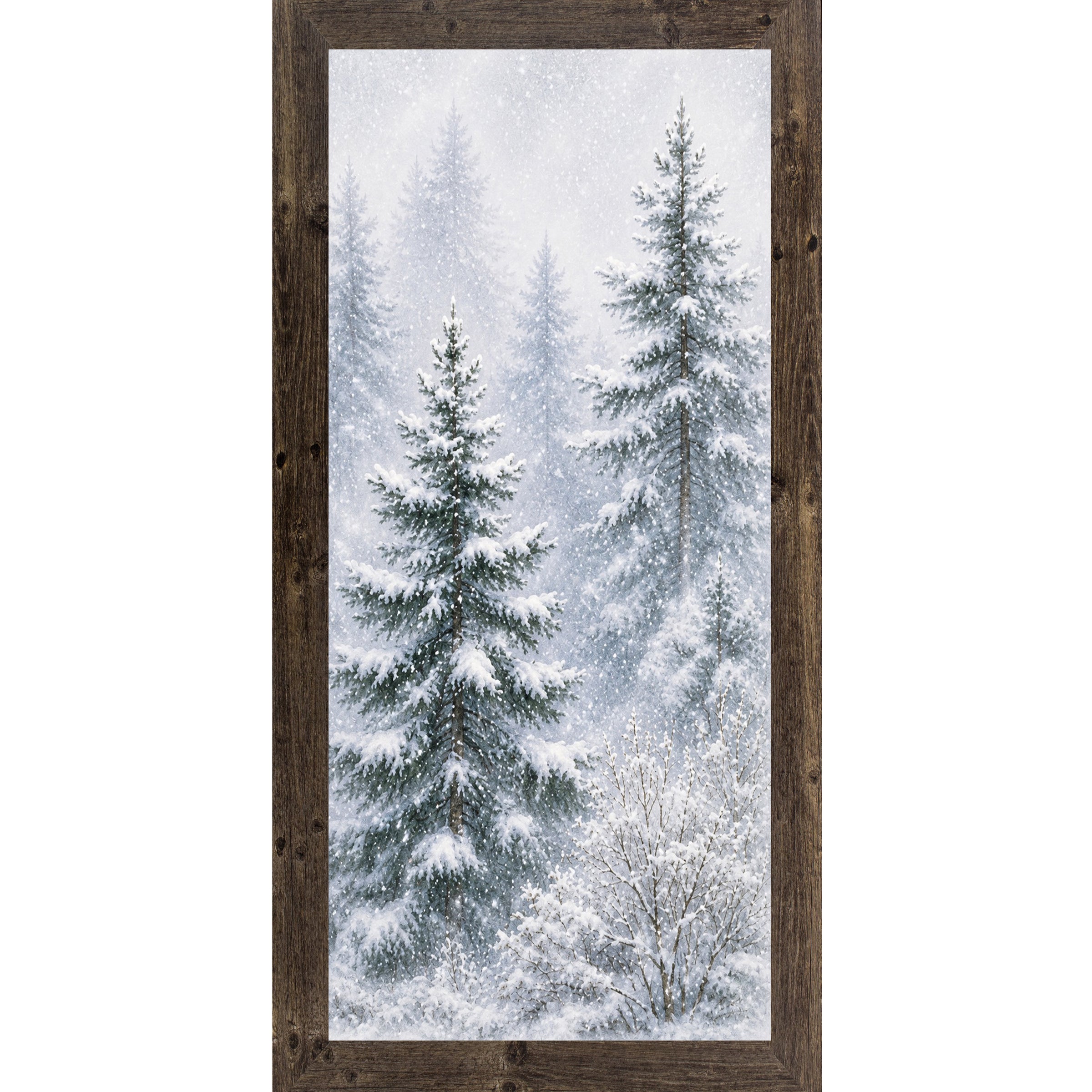 Natural brown framed narrow portrait watercolor winter wall art featuring a snowy pine forest with two tall evergreens leaning right through falling snow