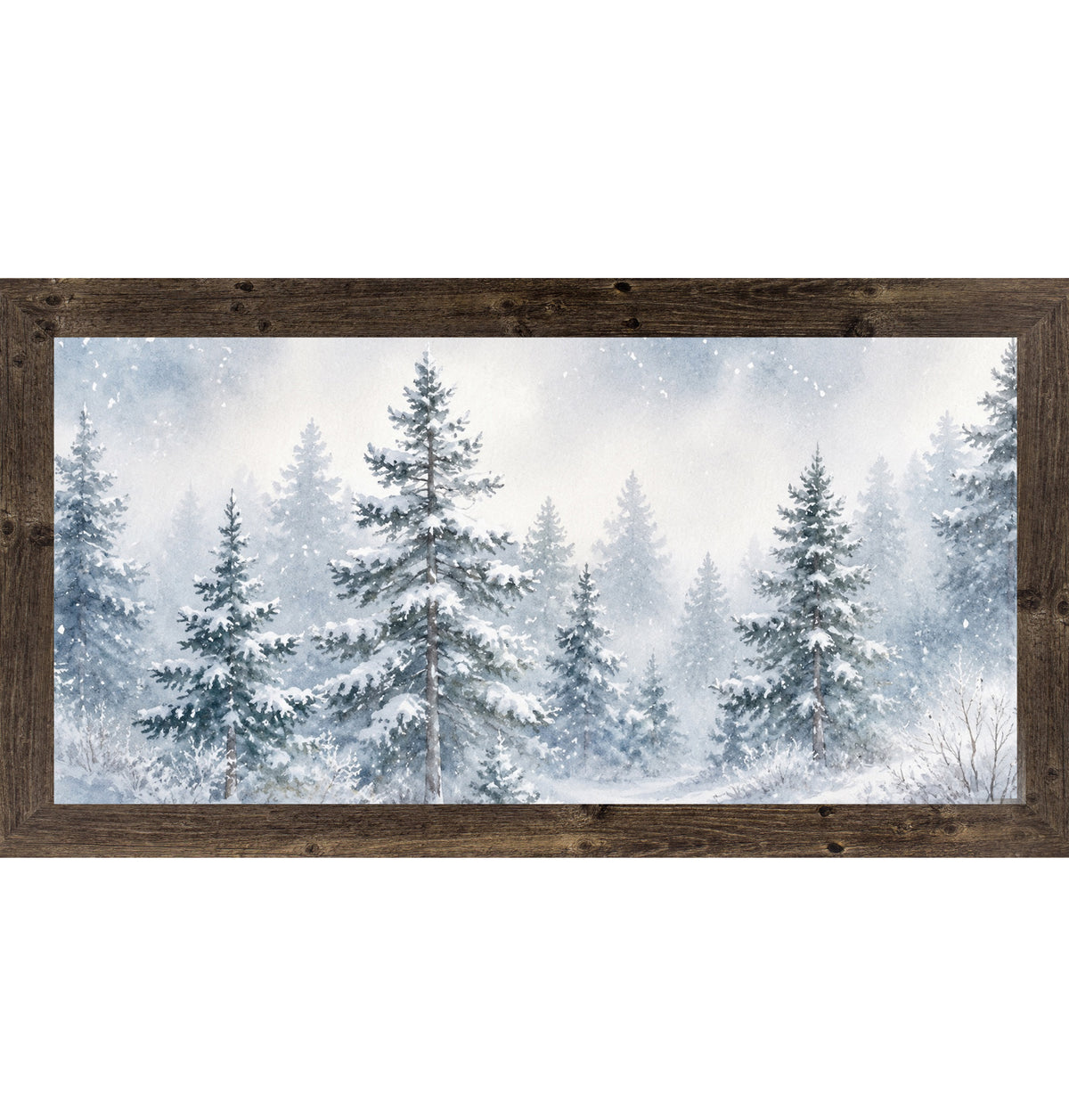 Natural brown framed wide landscape watercolor winter wall art featuring a full panoramic view of snow-covered pine trees