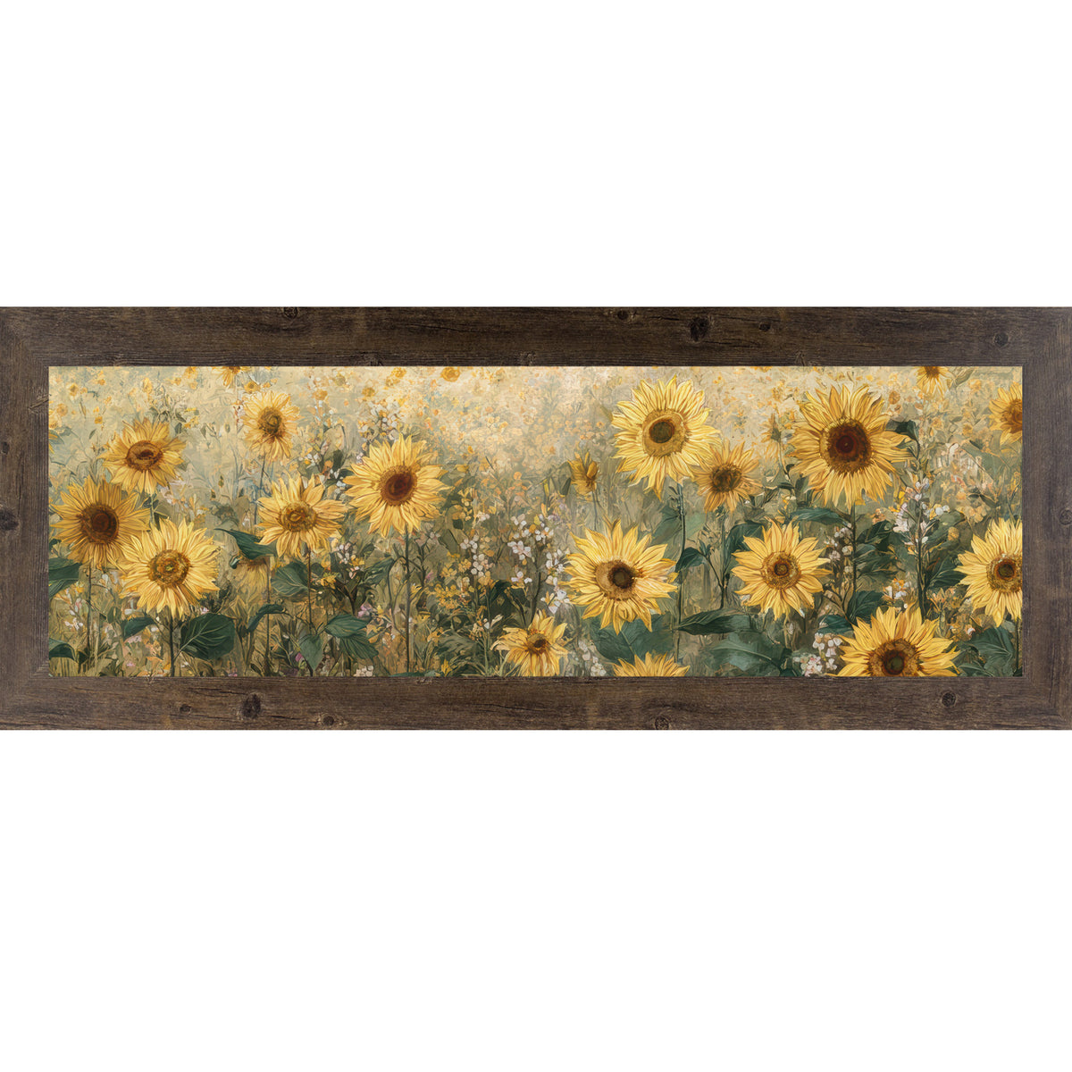 Natural brown framed wide landscape sunflower wall art featuring a golden field of sunflowers with deep brown centers, lush green leaves, and scattered white wildflowers against a warm aged background