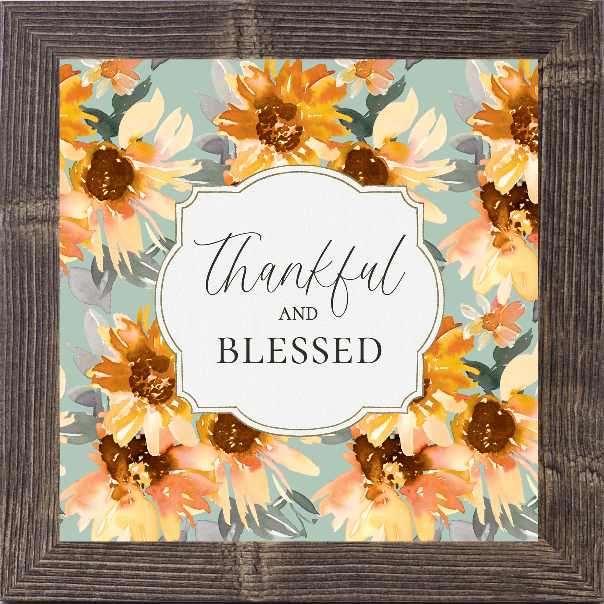 Natural brown framed square fall wall art featuring watercolor sunflowers in gold orange and peach on soft sage teal background with the words "Thankful and Blessed" — SB308