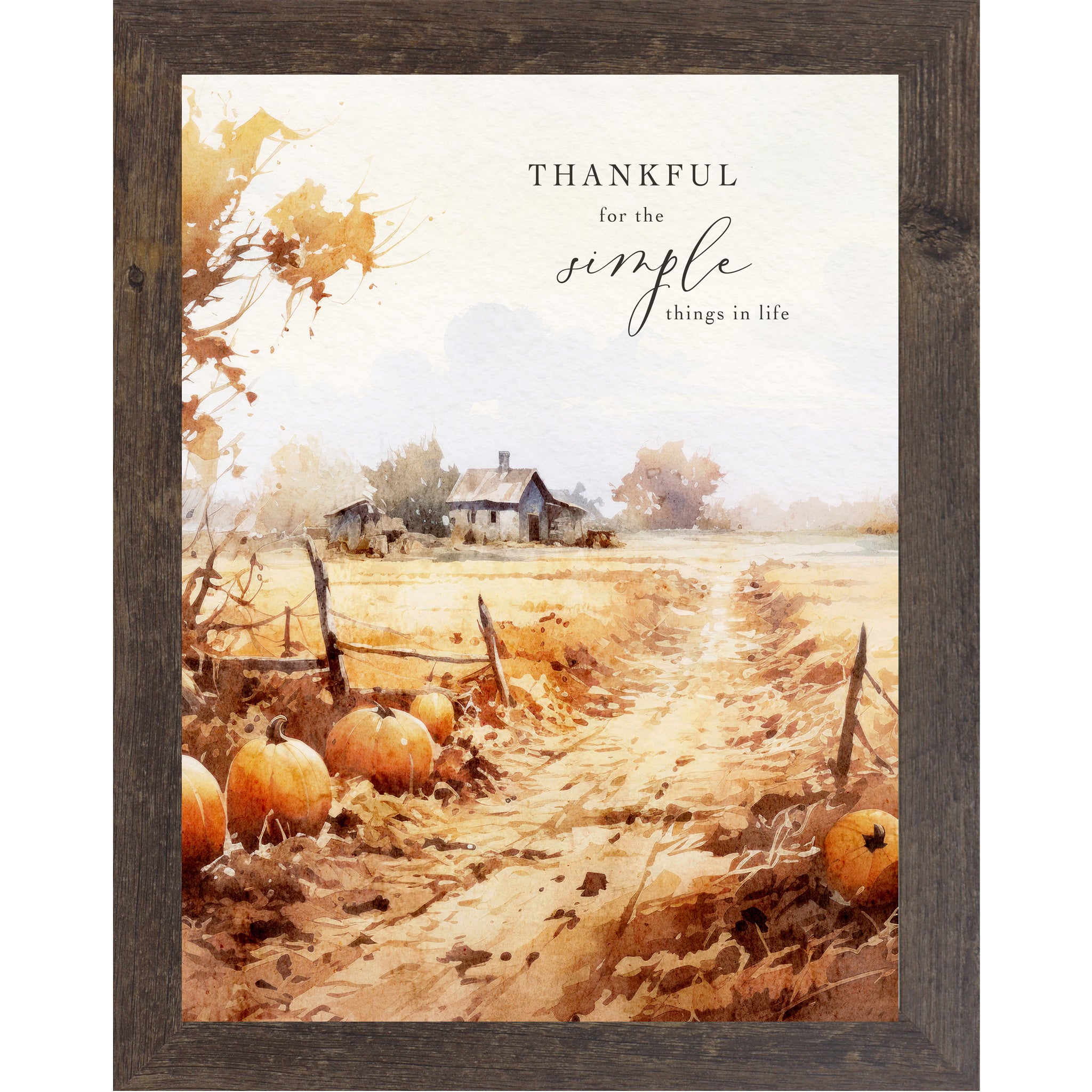 Natural brown framed portrait fall wall art featuring watercolor pumpkin field with golden lane split-rail fence and distant farmhouse in warm amber and rust tones with the words Thankful for the Simple Things in life in elegant mixed typography — SN389
