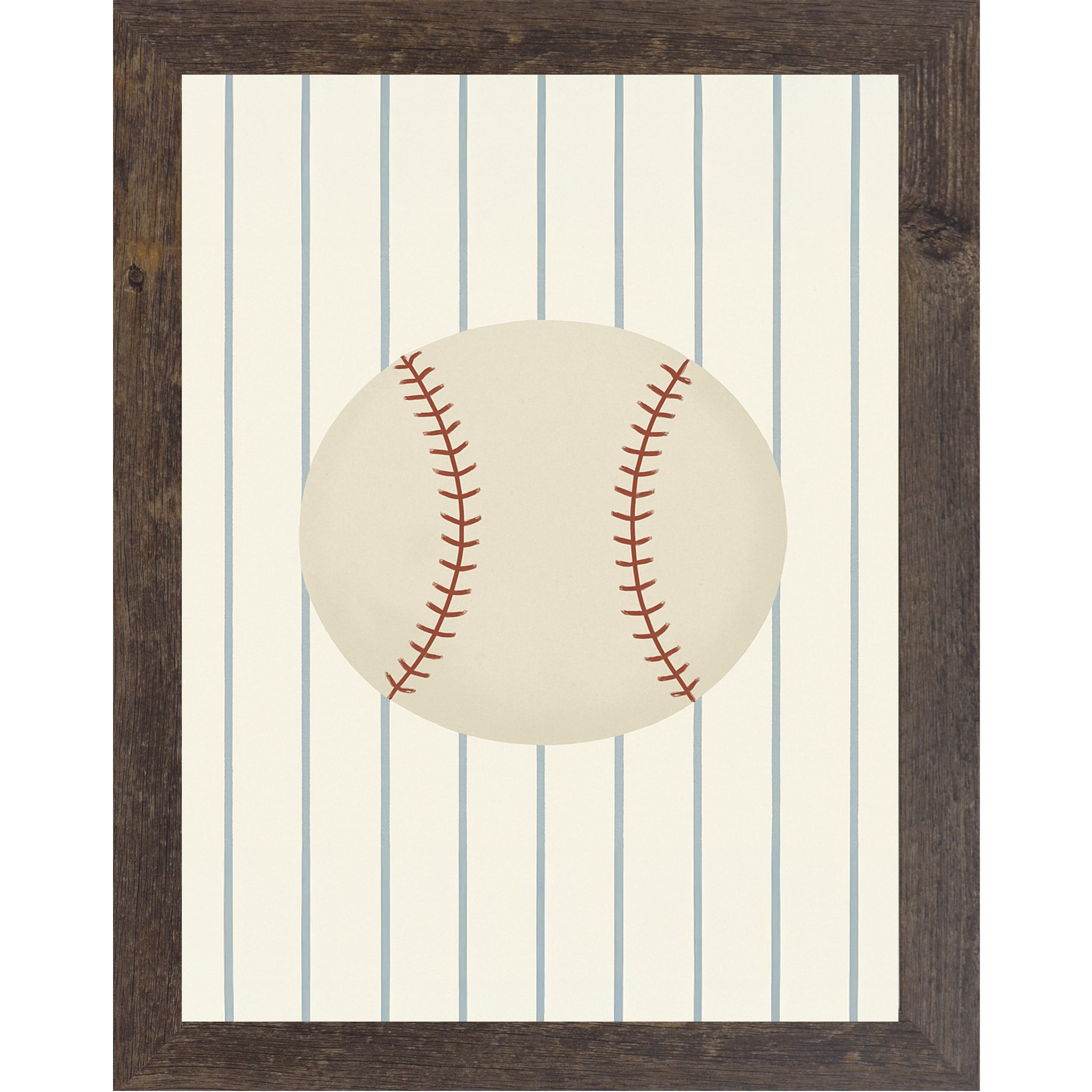 Natural Brown color Framed baseball wall art featuring a classic baseball on a striped background for sports bedroom or baseball themed nursery decor.