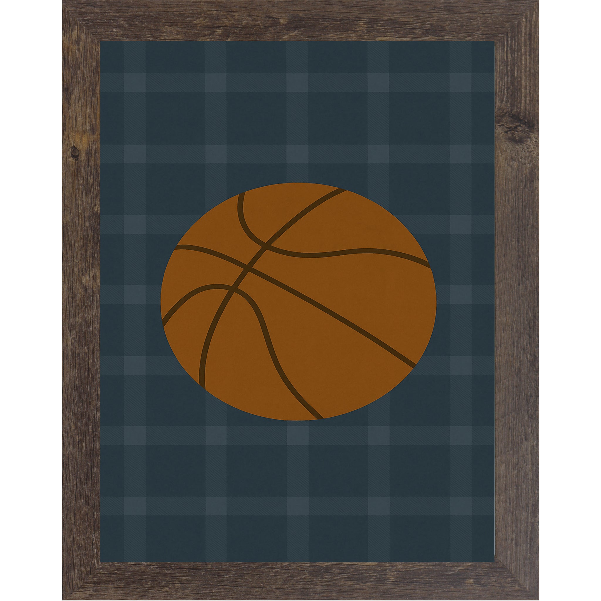 Natural Brown Frame Color of Basketball wall art featuring a large basketball illustration on a blue green plaid background designed for boys sports rooms or basketball themed nurseries.