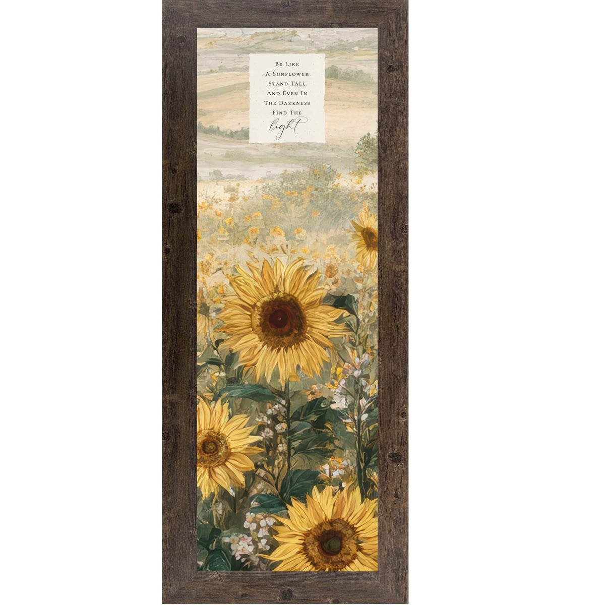 Vertical watercolor sunflower wall art featuring tall yellow sunflowers in a field with rolling hills in the background and the quote “Be like a sunflower. Stand tall and even in the darkness find the light” at the top.