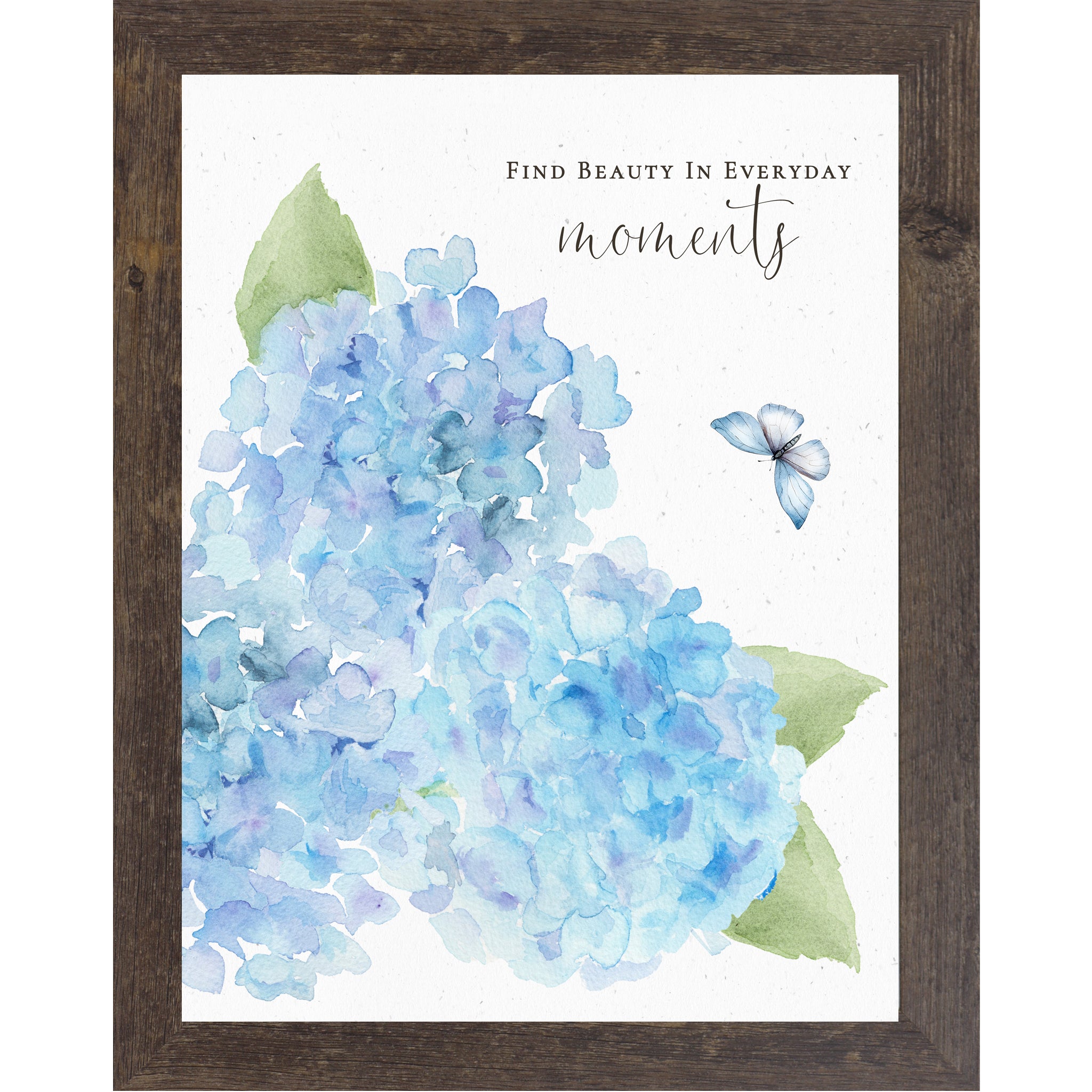 Natural Brown Vertical blue hydrangea watercolor wall art with three large blooms, green leaves, butterfly, and quote Find Beauty in Everyday Moments.