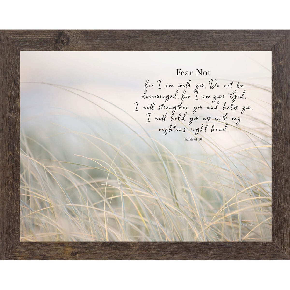 Natural brown framed landscape Christian scripture wall art with bokeh coastal tall grasses in morning mist and the words "Fear Not For I Am With You I Will Strengthen You Isaiah 41:10"
