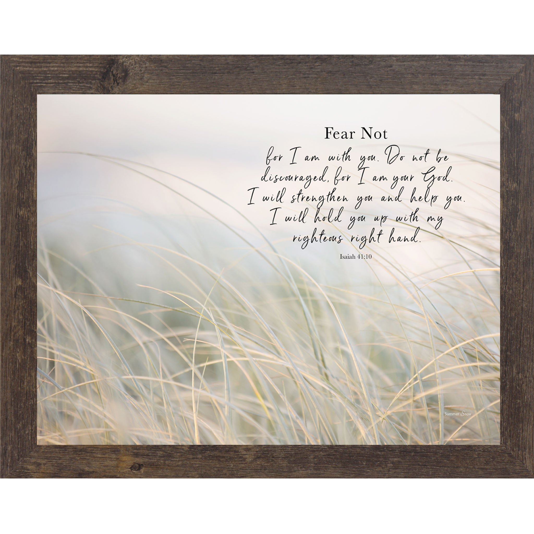 Natural brown framed landscape Christian scripture wall art with bokeh coastal tall grasses in morning mist and the words "Fear Not For I Am With You I Will Strengthen You Isaiah 41:10"
