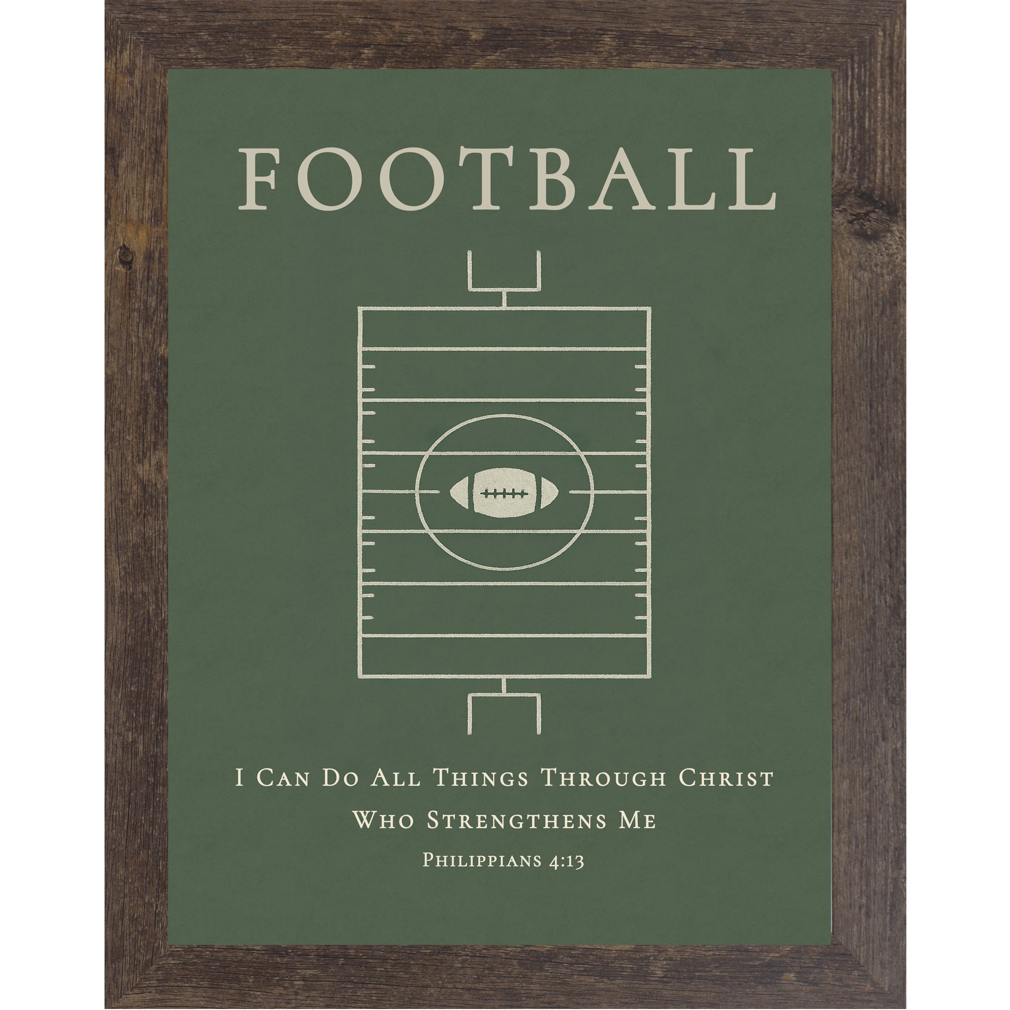 Natural brown colored frame of a Christian football wall art featuring a minimalist football field design and Philippians 4:13 scripture on a green background