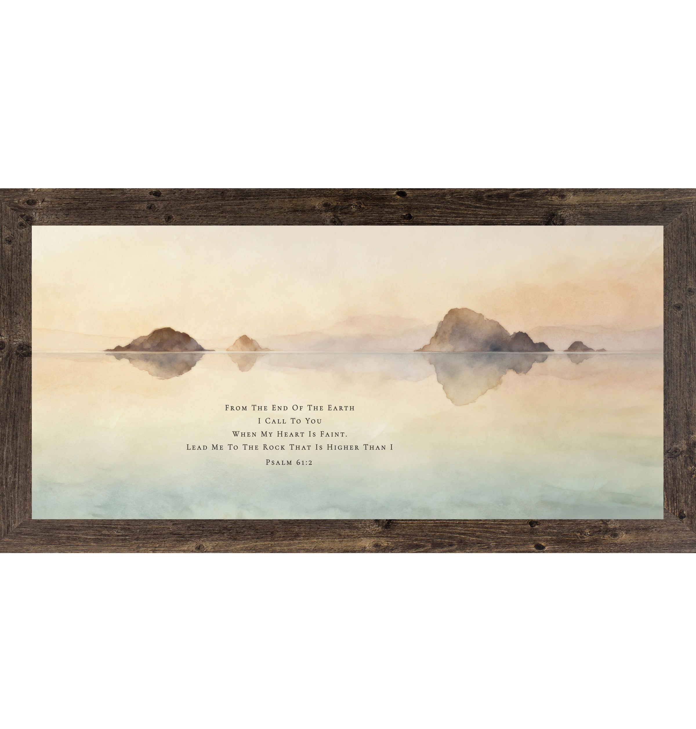 Framed Christian lake wall art featuring calm water reflections with Psalm 61:2 scripture in a wide horizontal watercolor landscape.