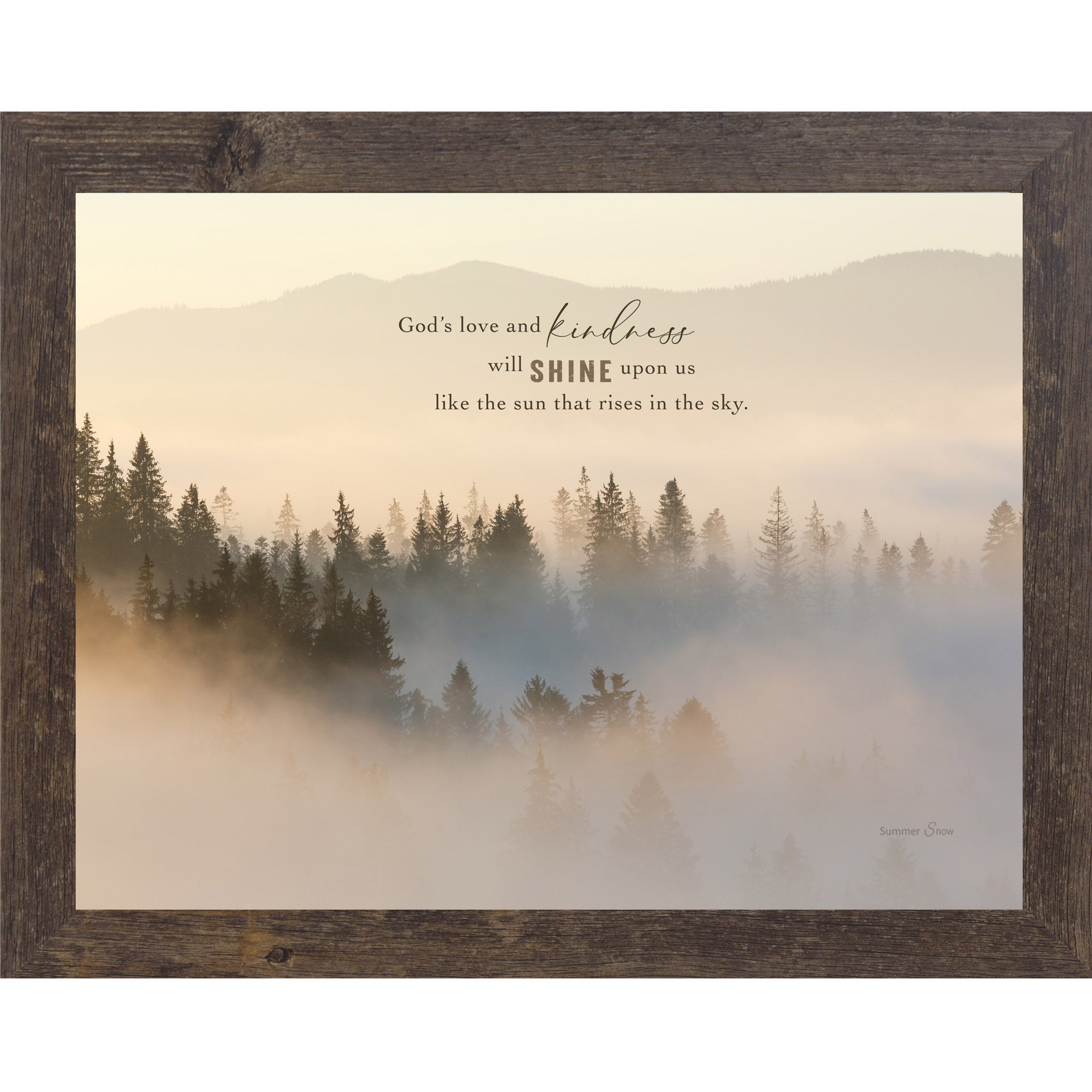 Christian mountain wall art in horizontal format featuring misty evergreen forest at sunrise with inspirational quote about God’s love and kindness shining like the rising sun.