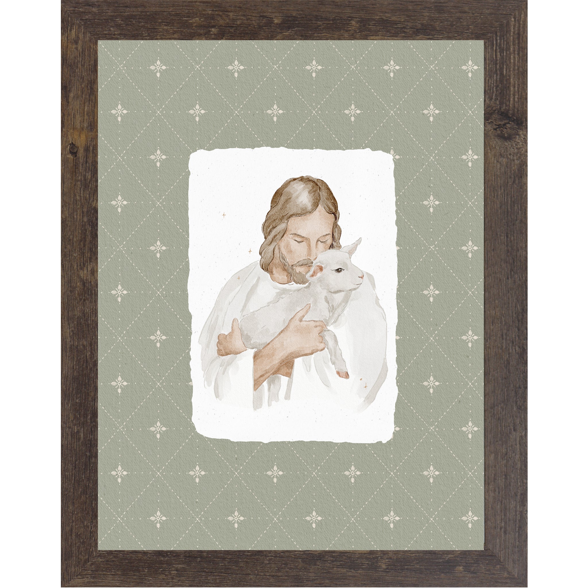 Vertical Good Shepherd wall art featuring Christ holding a lamb on a sage patterned background in a framed faith decor design.