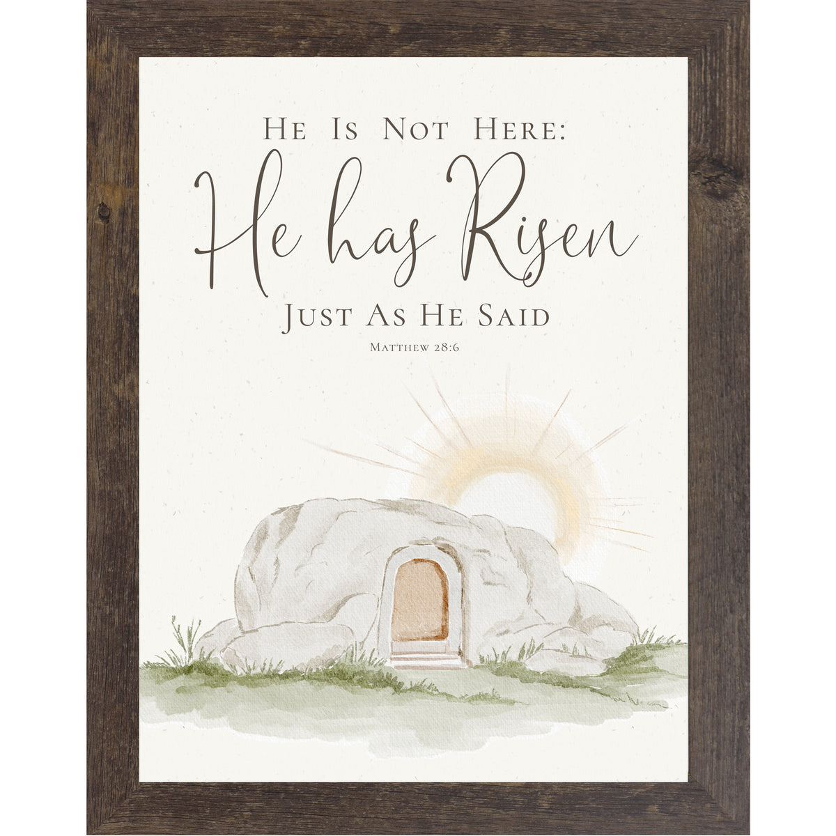 Vertical He Has Risen wall art featuring Matthew 28:6 scripture above a watercolor empty tomb at sunrise on a neutral background.