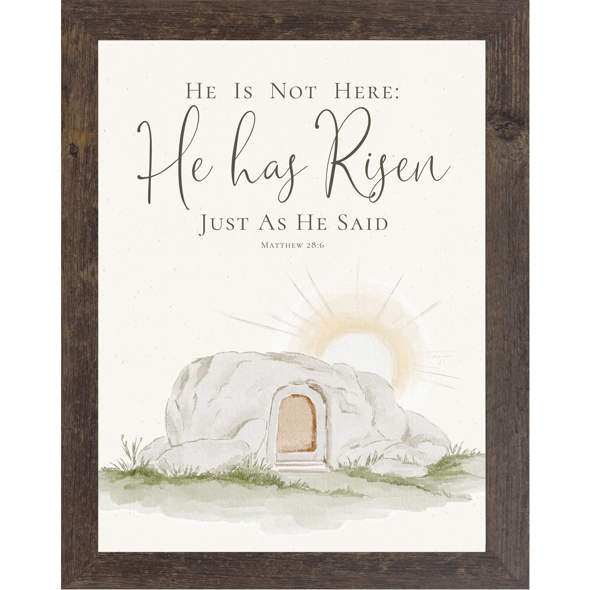 Vertical He Has Risen wall art featuring Matthew 28:6 scripture above a watercolor empty tomb at sunrise on a neutral background.