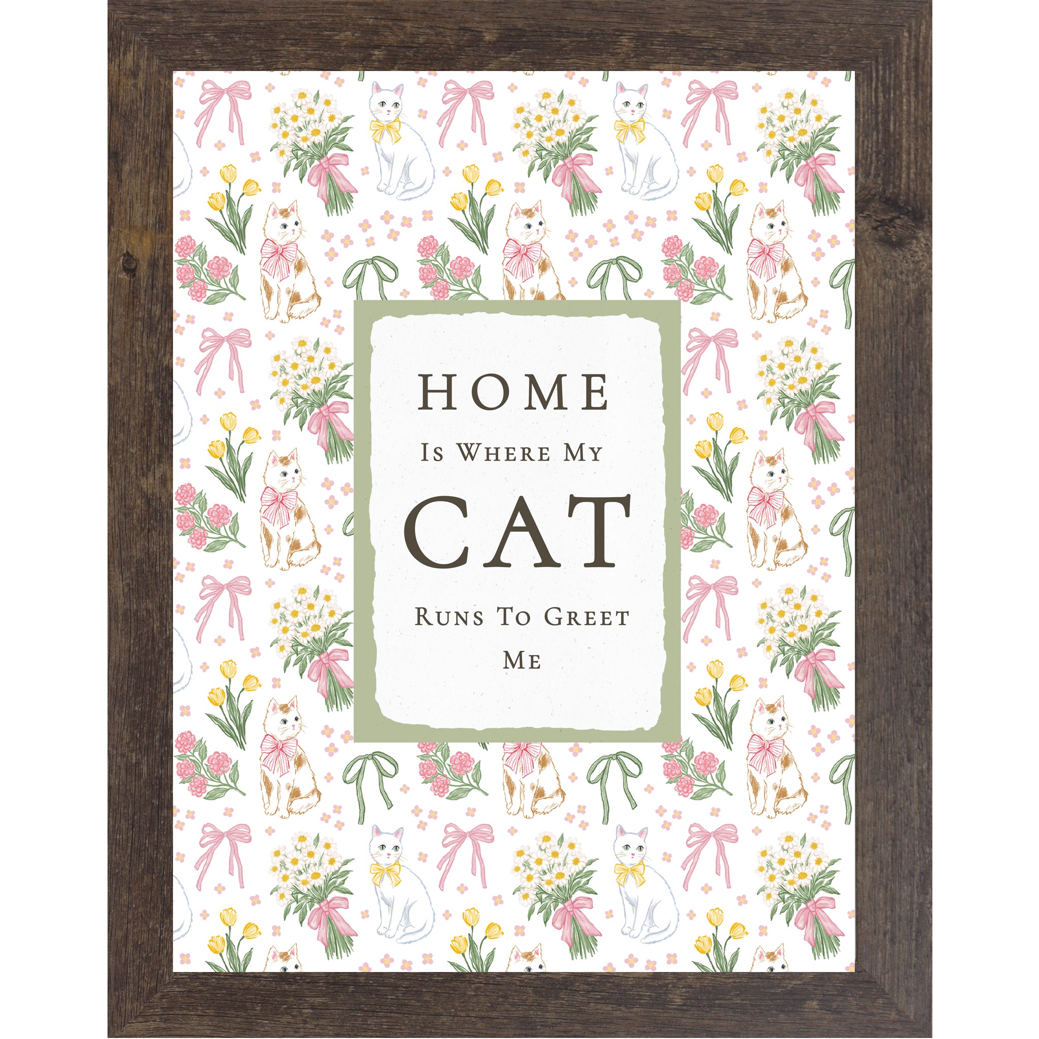 Natural Brown Vertical cat lover wall art with pink floral bows and white and calico cats surrounding the phrase Home Is Where My Cat Runs To Greet Me on neutral background.