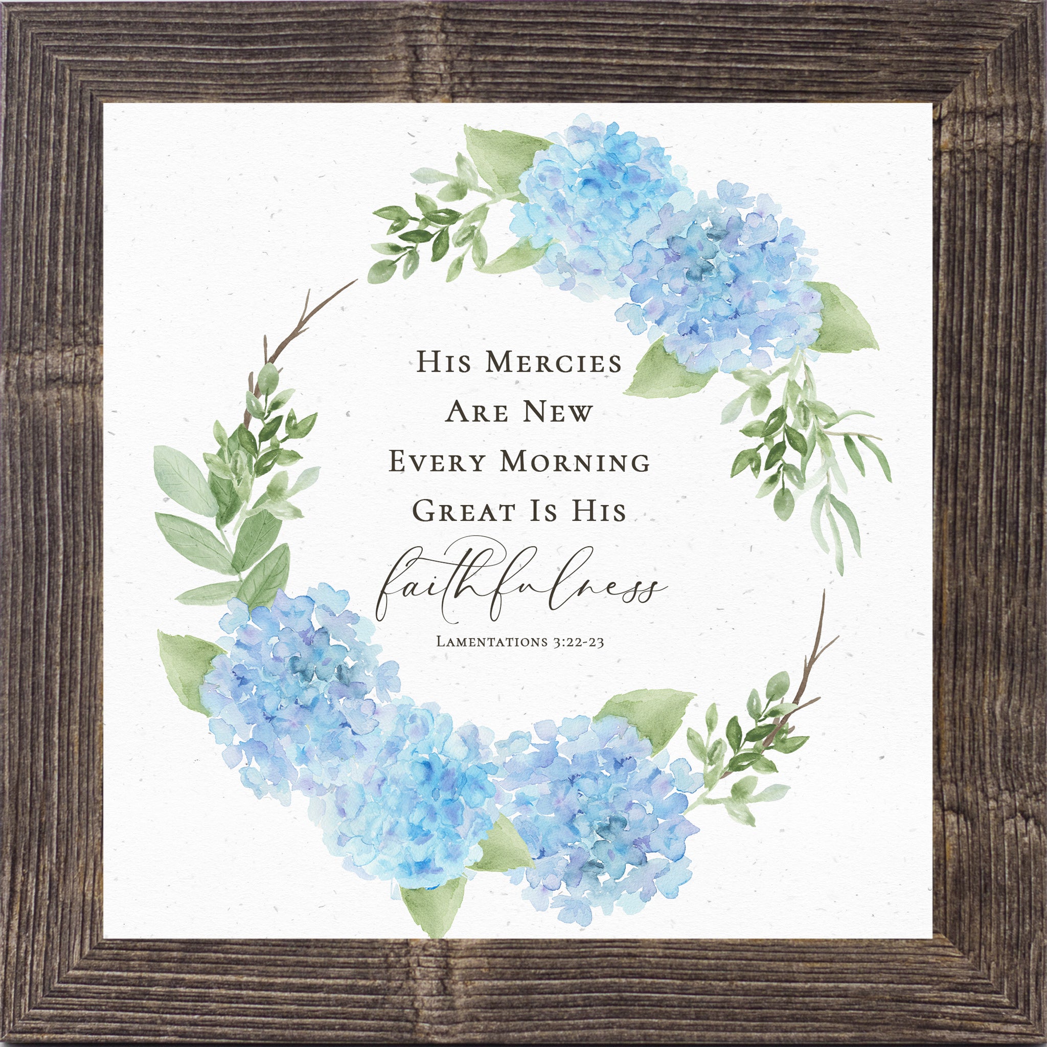 Square hydrangea wreath scripture wall art featuring Lamentations 3:22-23 with blue florals and green leaves on neutral background framed by Summer Snow.