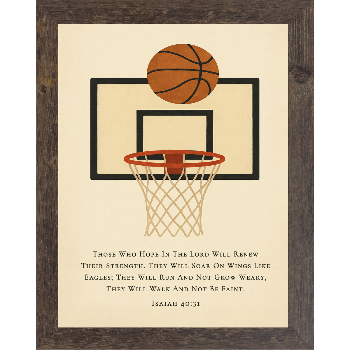 Natural Brown color frame Christian basketball wall art featuring a basketball hoop illustration with the Bible verse Isaiah 40:31 on a neutral background.