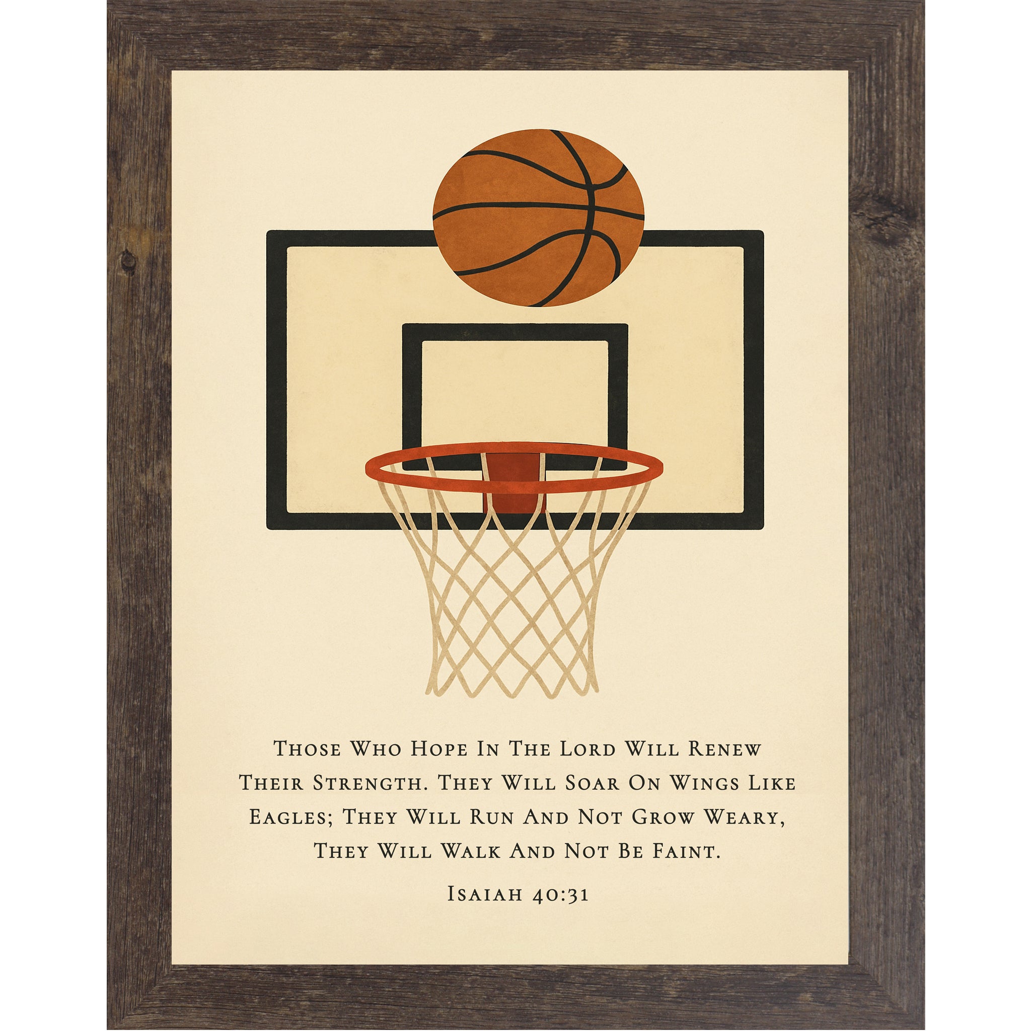 Natural Brown color frame Christian basketball wall art featuring a basketball hoop illustration with the Bible verse Isaiah 40:31 on a neutral background.
