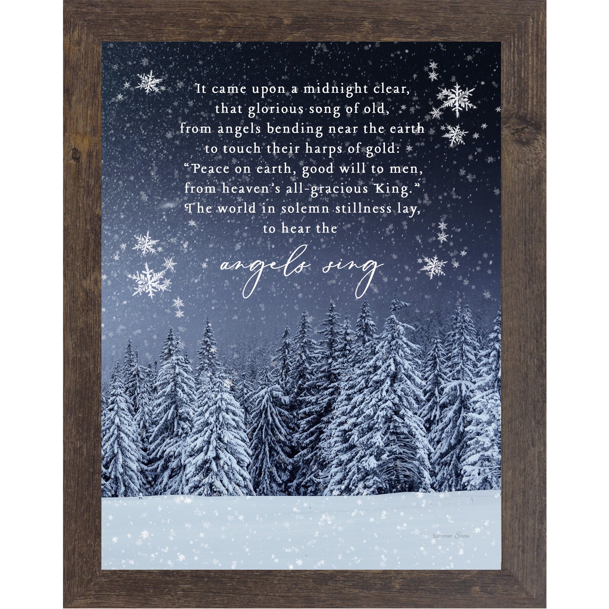 Christmas wall art featuring snowy evergreen trees under a midnight blue sky with the full carol It Came Upon a Midnight Clear displayed in elegant white lettering.