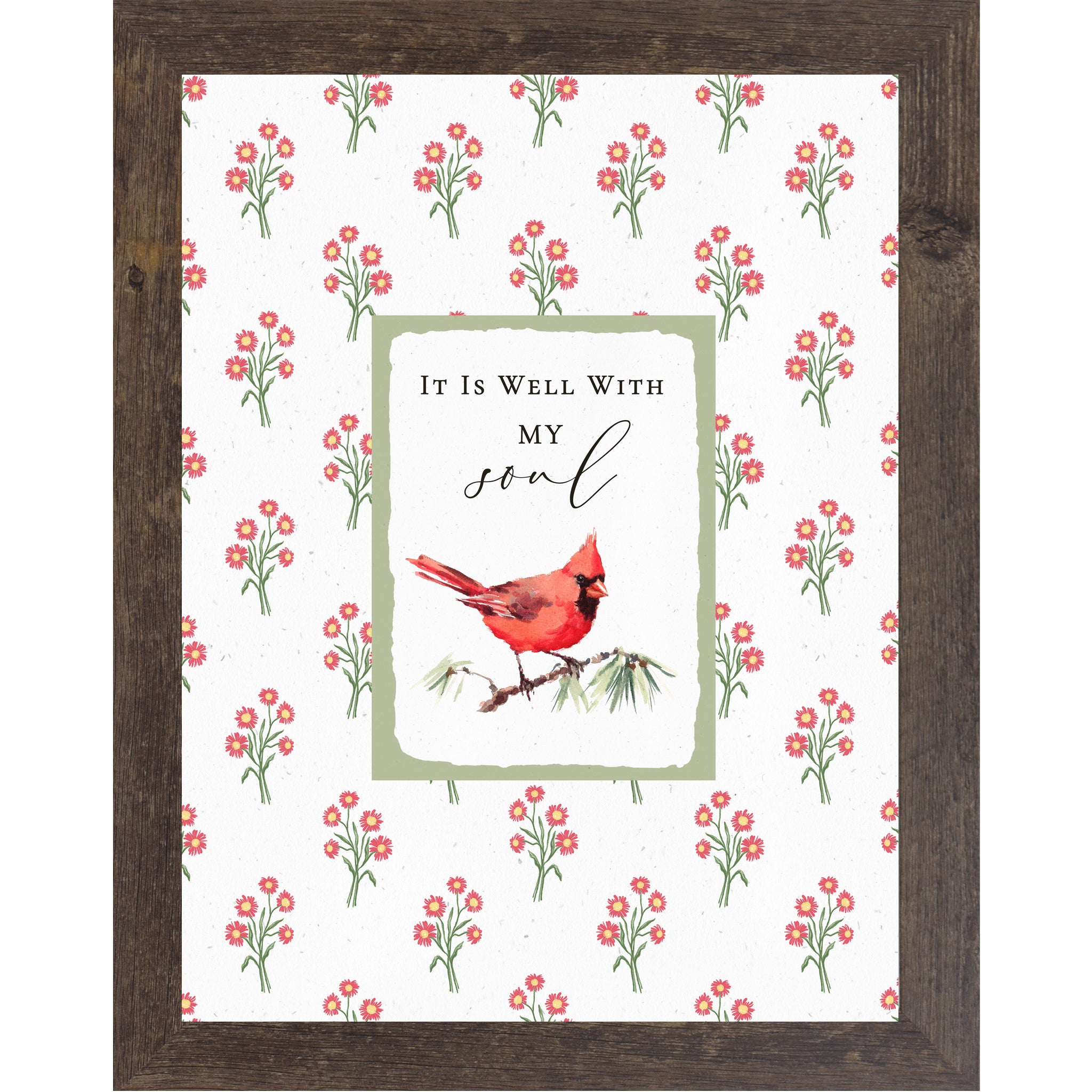 Christian floral wall art featuring a red cardinal perched on a branch with the phrase “It Is Well With My Soul” in a sage green framed center panel and red floral background.