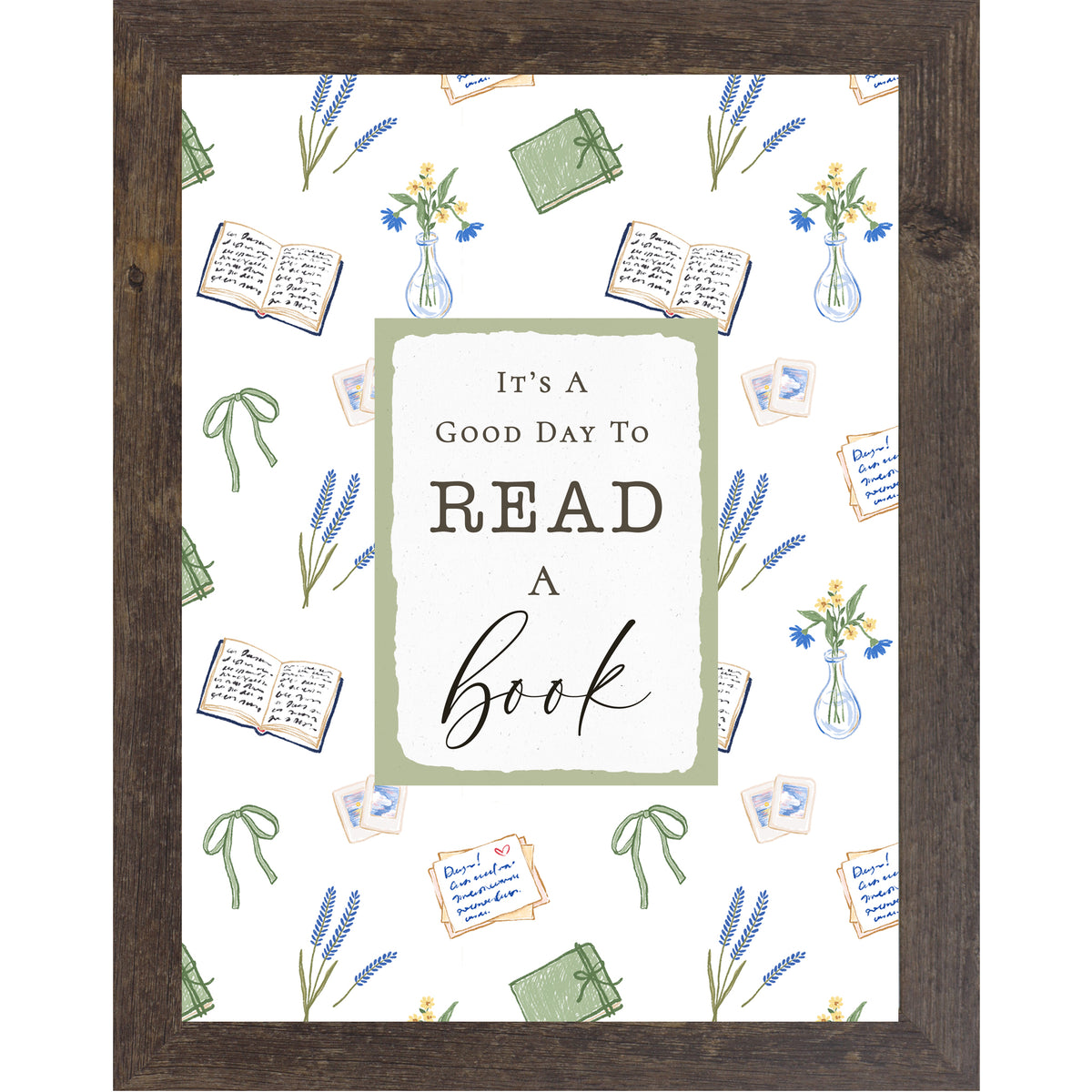 Reading nook wall art featuring the phrase “It’s A Good Day To Read A Book” with floral, book, and bow illustrations on a neutral background in a vertical framed design.