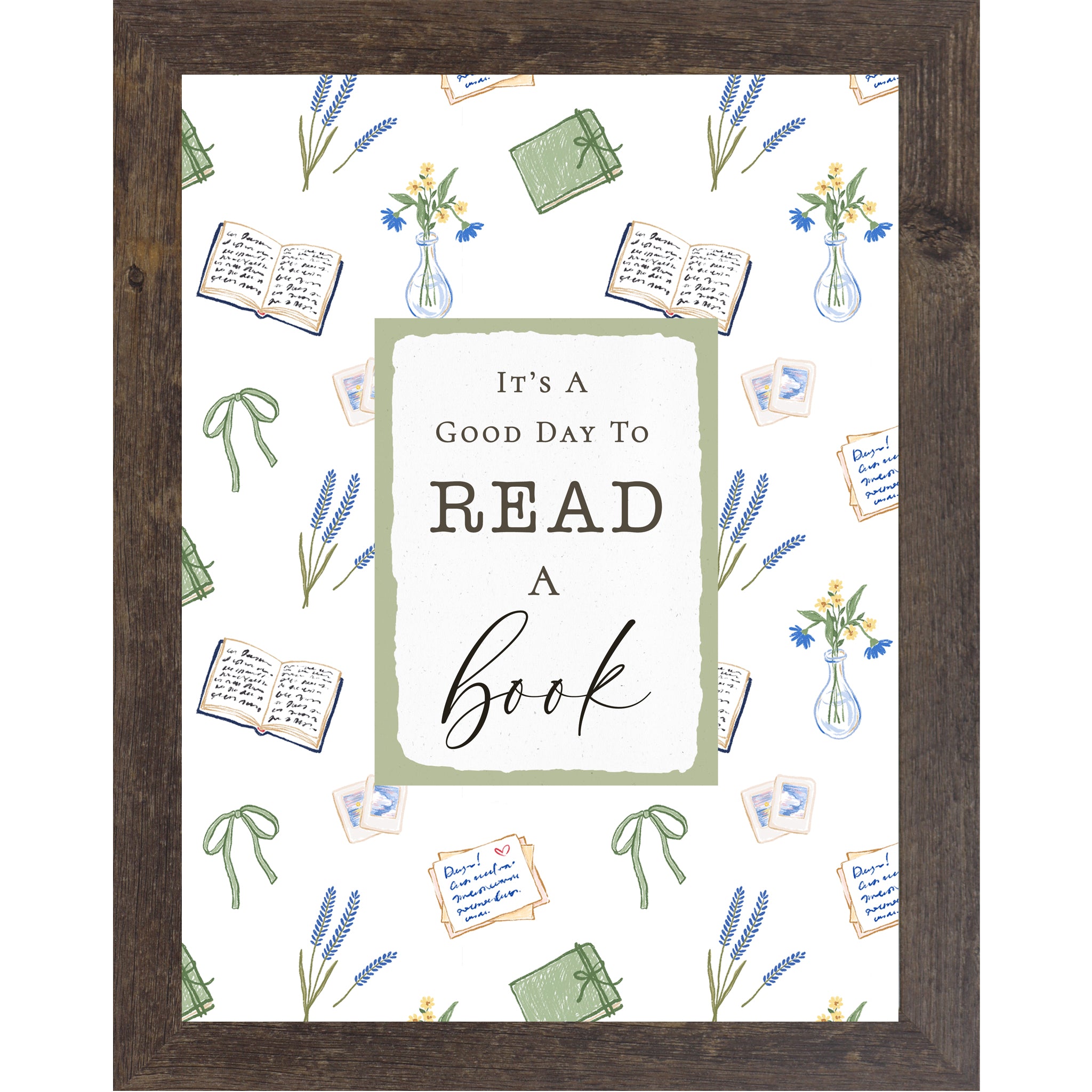 Reading nook wall art featuring the phrase “It’s A Good Day To Read A Book” with floral, book, and bow illustrations on a neutral background in a vertical framed design.