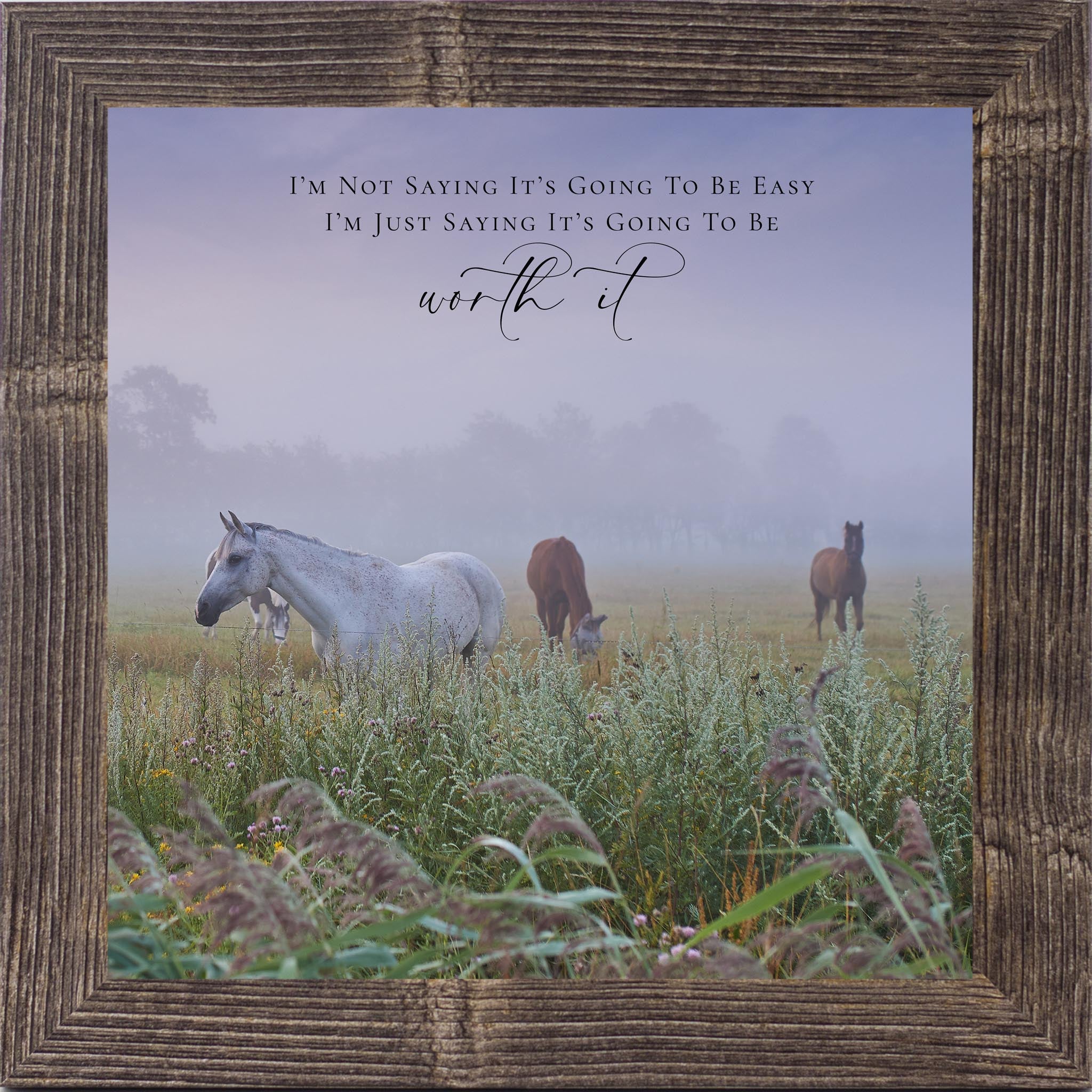 Square horse meadow wall art with inspirational quote, misty field with horses at dawn, calm motivational wall decor