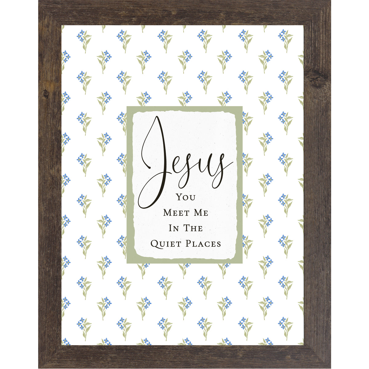 Christian floral wall art featuring blue flowers and green stems with a sage center panel reading “Jesus You Meet Me In The Quiet Places” in a vertical framed design.