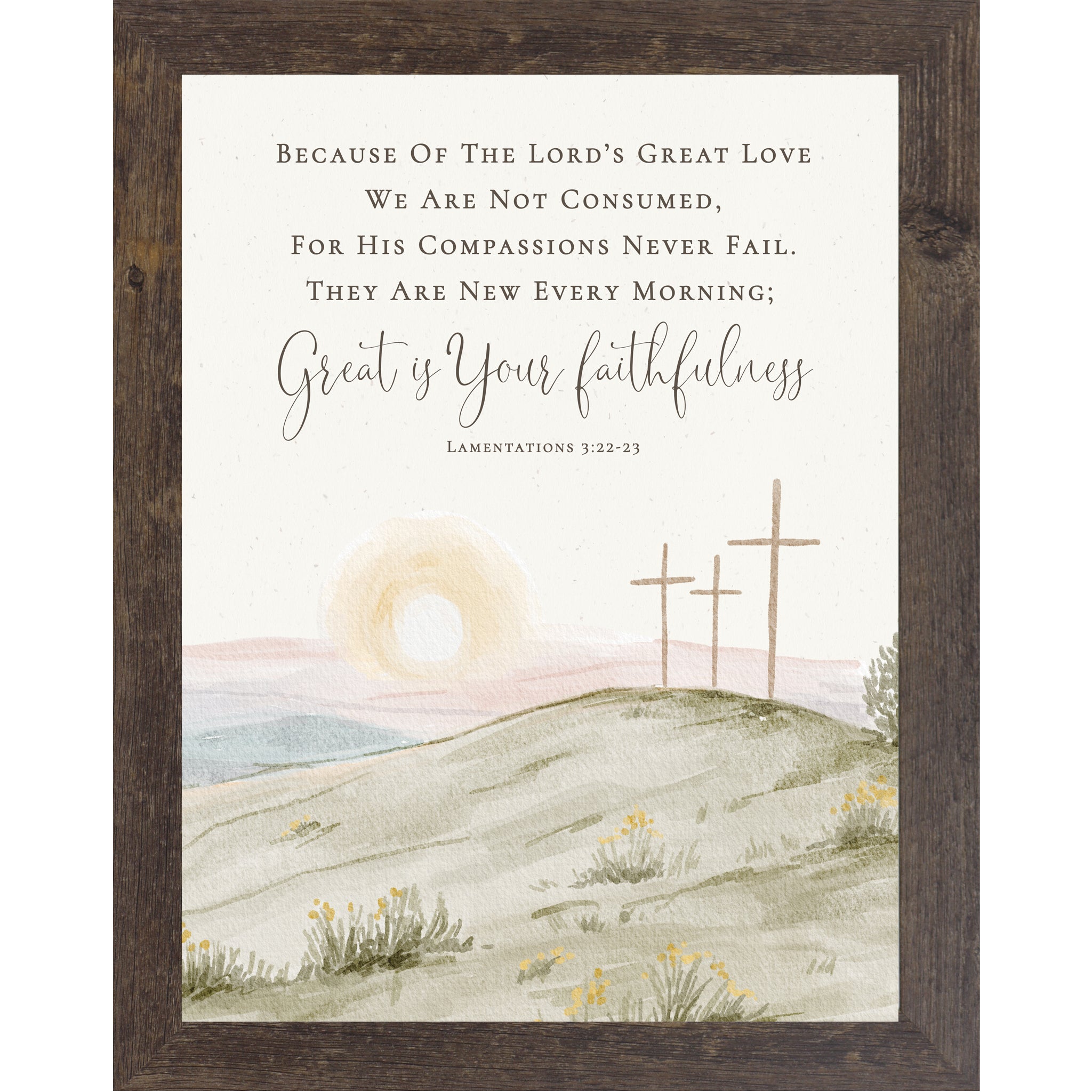 Vertical Lamentations 3:22-23 wall art featuring three crosses at sunrise with Great Is Your Faithfulness scripture on a neutral watercolor background.