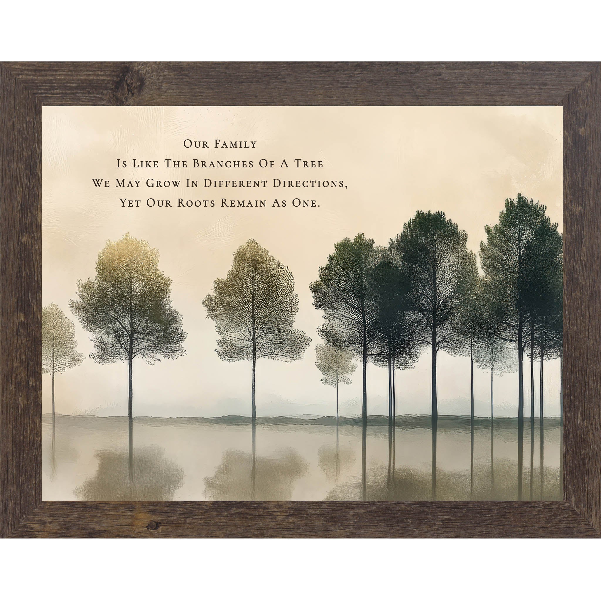 Wide horizontal framed family quote wall art featuring minimalist trees and the text “Our family is like the branches of a tree, we may grow in different directions yet our roots remain as one,” available in multiple sizes.