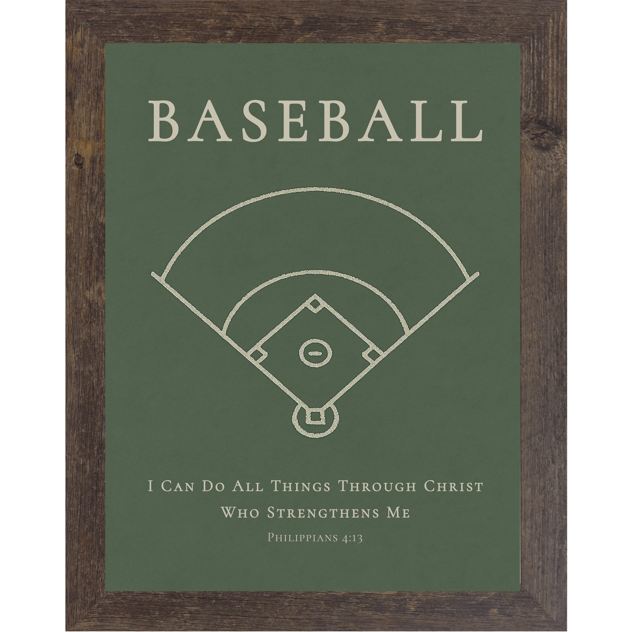 Natural brown color frame with Baseball themed Christian wall art featuring a baseball diamond illustration with the Bible verse Philippians 4:13 on a green background.