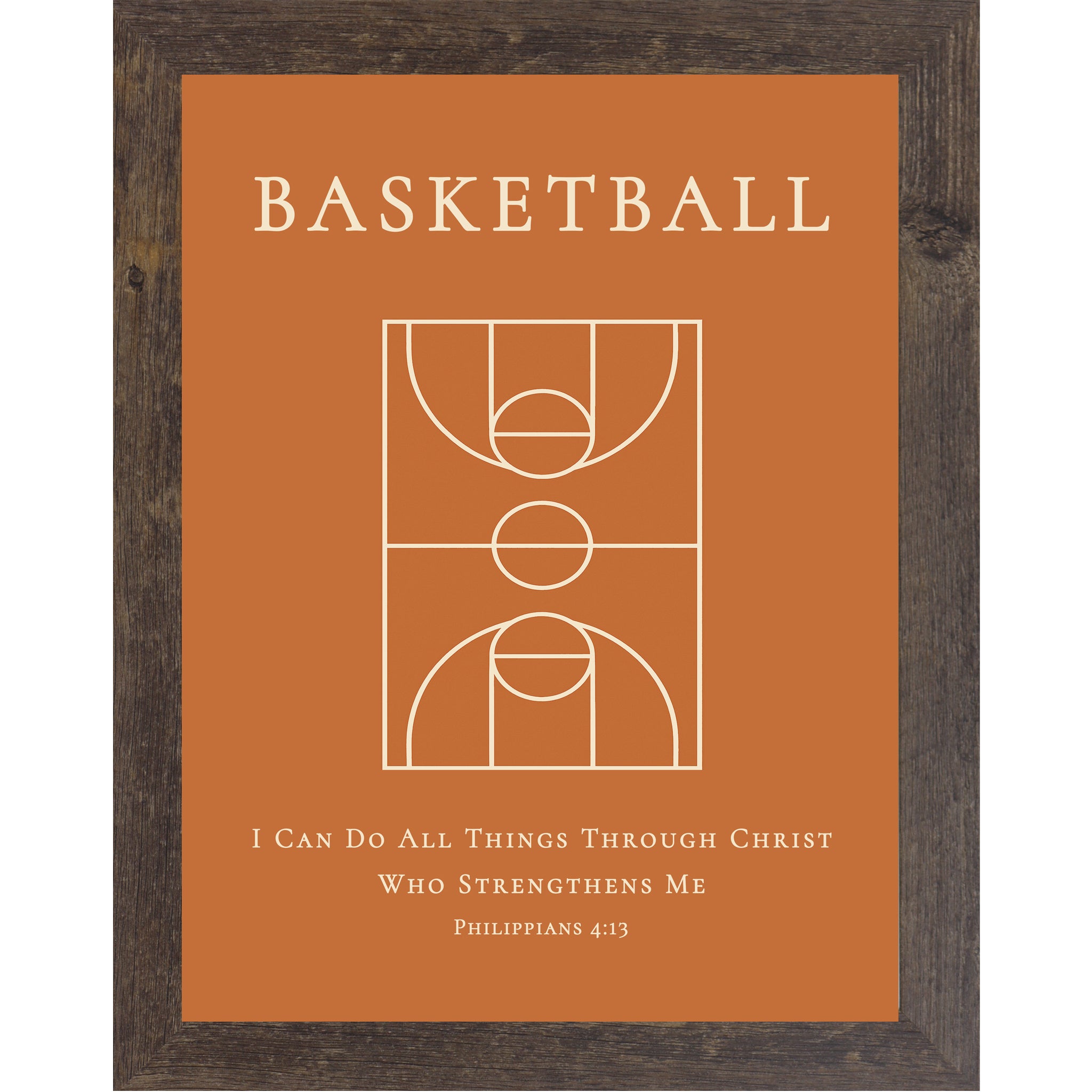 Natural brown frame color Christian basketball wall art featuring a basketball court diagram with the Bible verse Philippians 4:13 on an orange background.