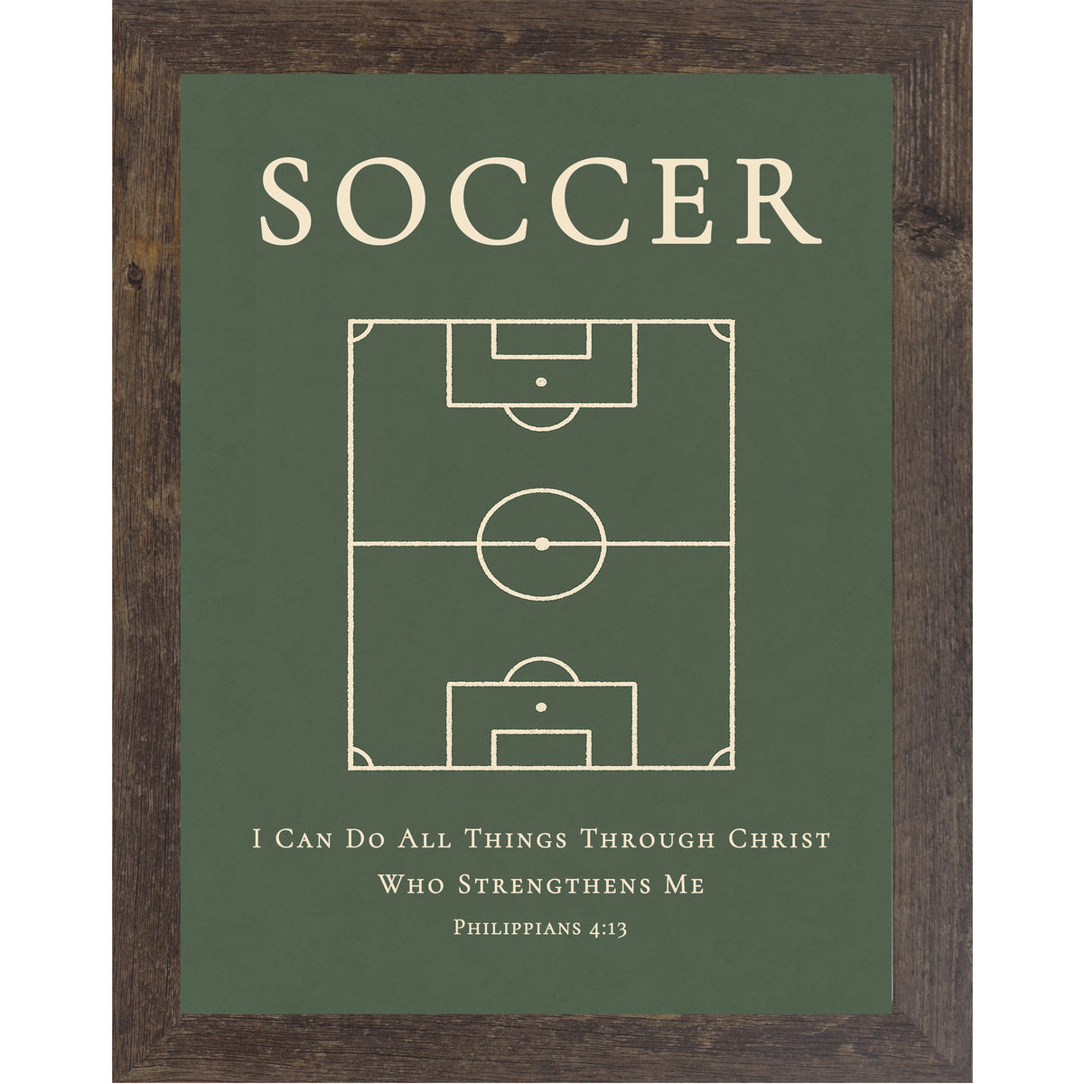 Natural brown color framed Christian soccer wall art featuring a soccer field diagram with the Bible verse Philippians 4:13 on a green background.