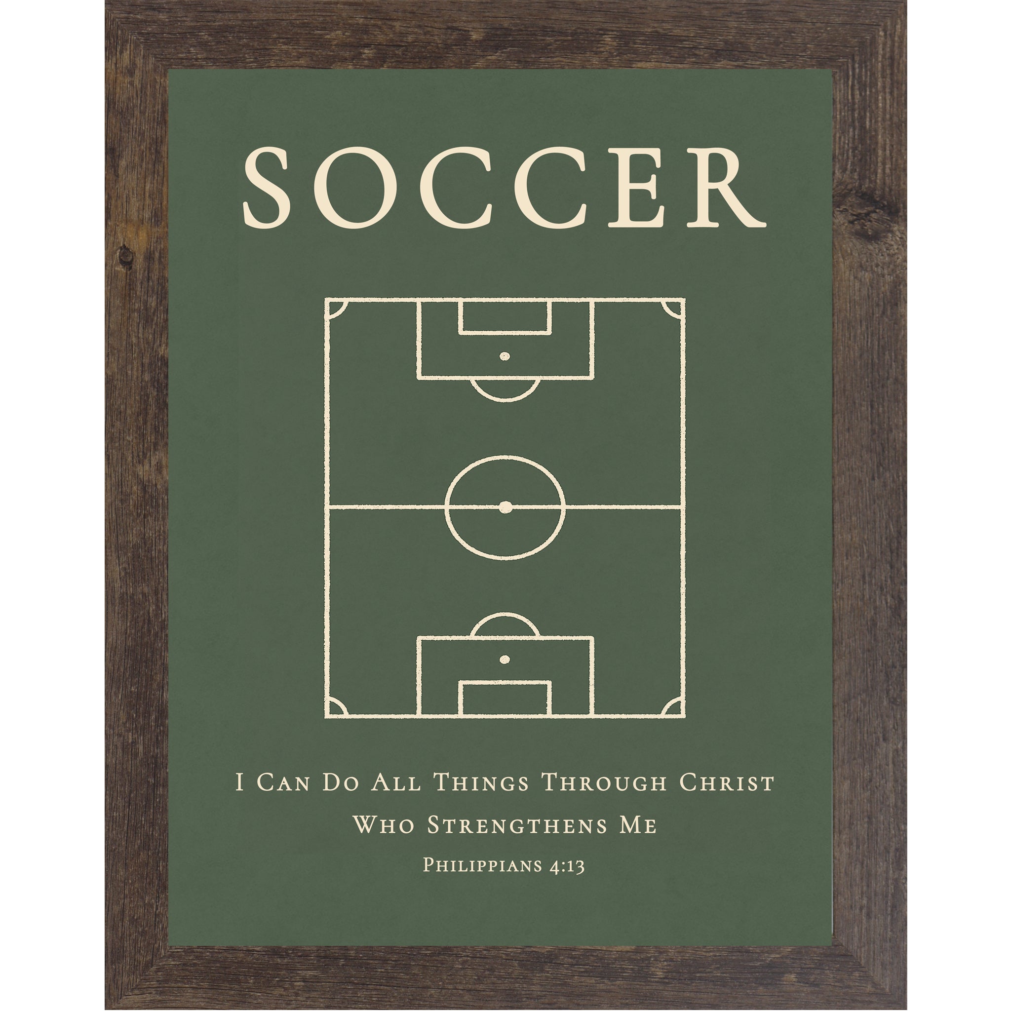 Natural brown color framed Christian soccer wall art featuring a soccer field diagram with the Bible verse Philippians 4:13 on a green background.