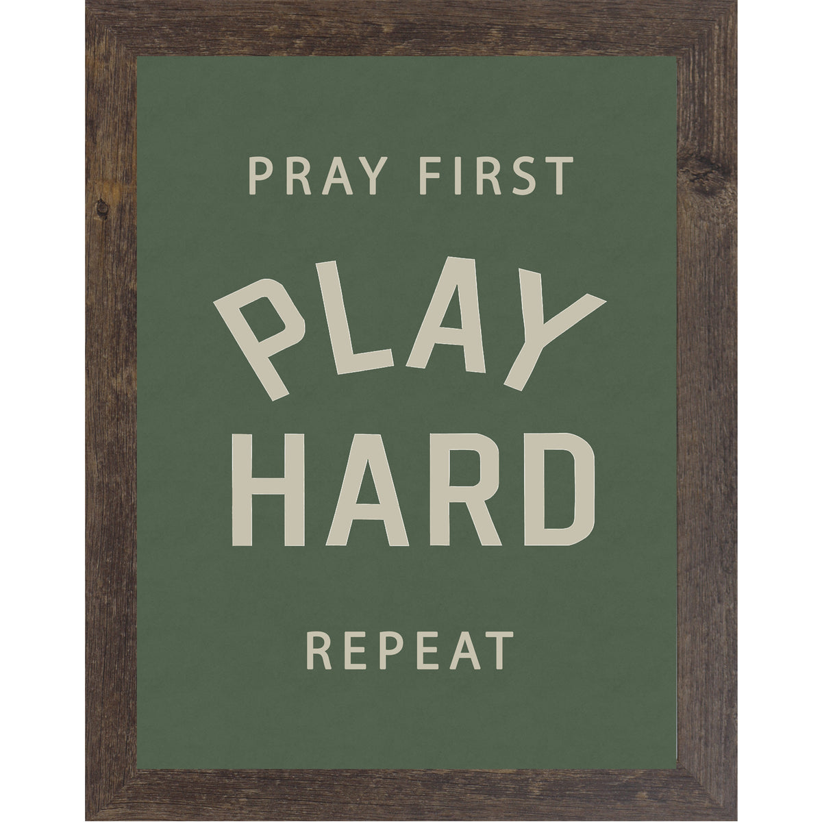 Natural Brown frame color Framed motivational sports wall art with green background reading Pray First Play Hard Repeat for athlete bedroom decor and faith inspired sports spaces.