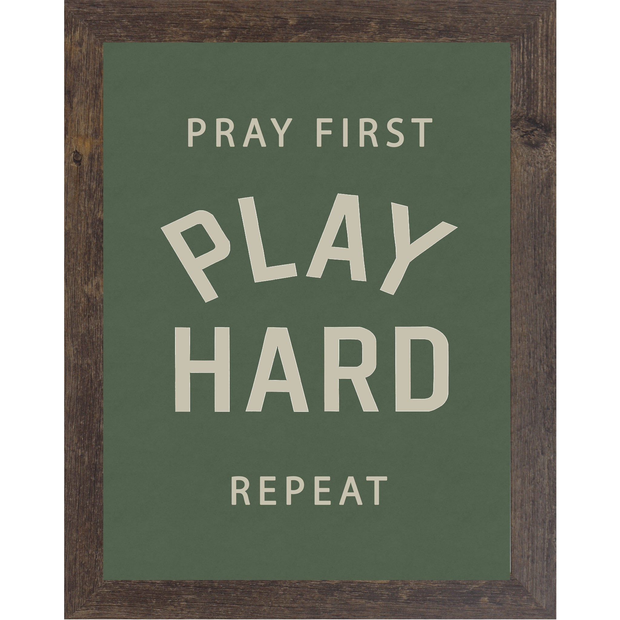 Natural Brown frame color Framed motivational sports wall art with green background reading Pray First Play Hard Repeat for athlete bedroom decor and faith inspired sports spaces.