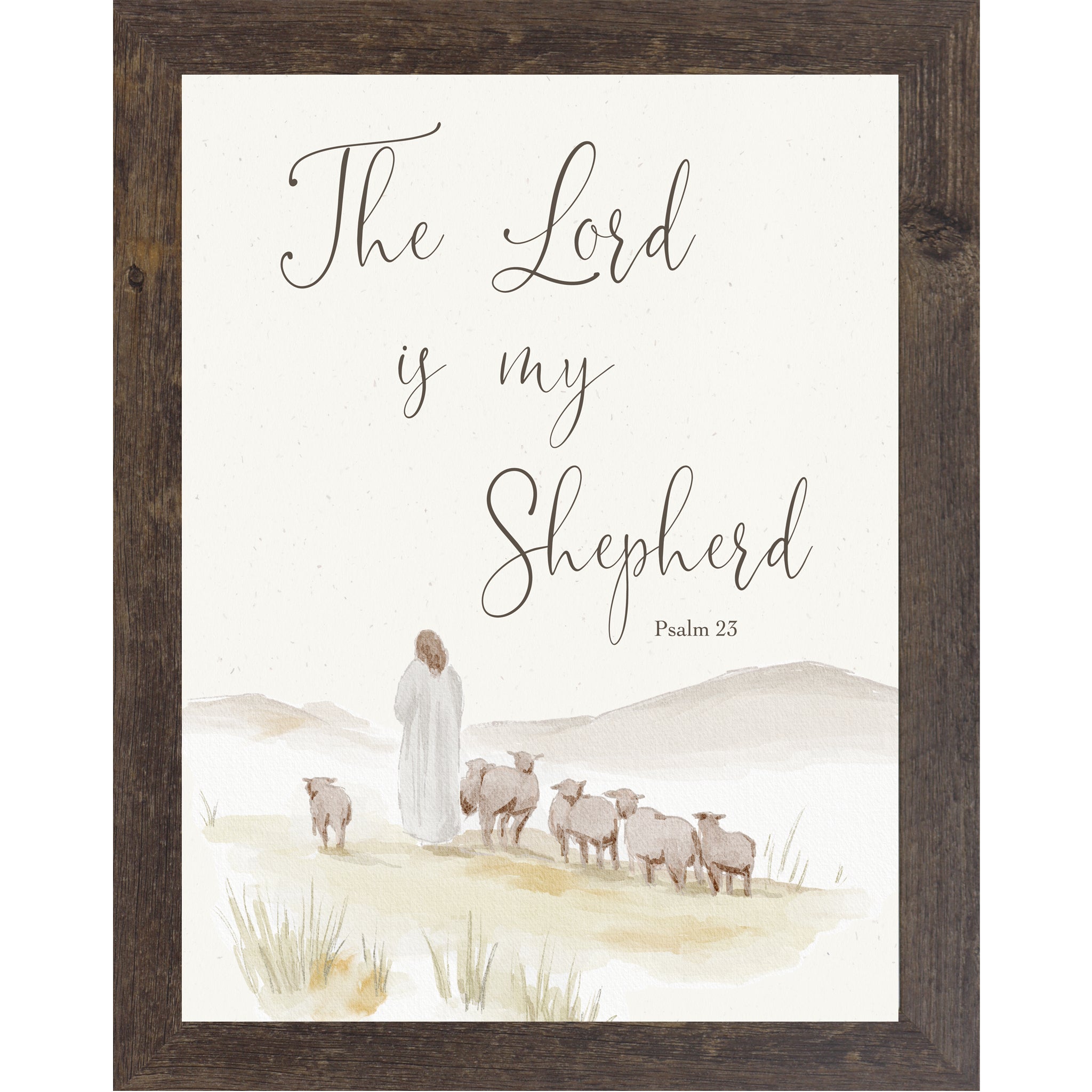 Vertical Psalm 23 wall art featuring The Lord Is My Shepherd verse above a watercolor shepherd and sheep landscape on a neutral background.