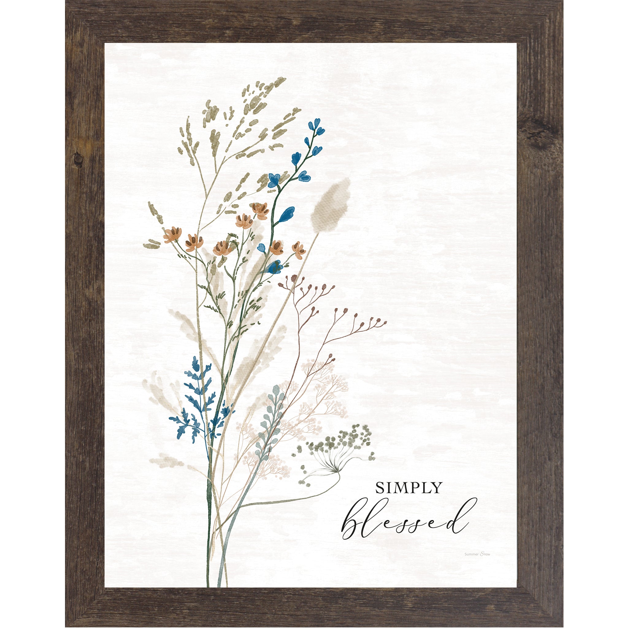 Natural brown framed portrait watercolor floral wall art with tall blue orange and brown stem on white textured background with the words "Simply Blessed"