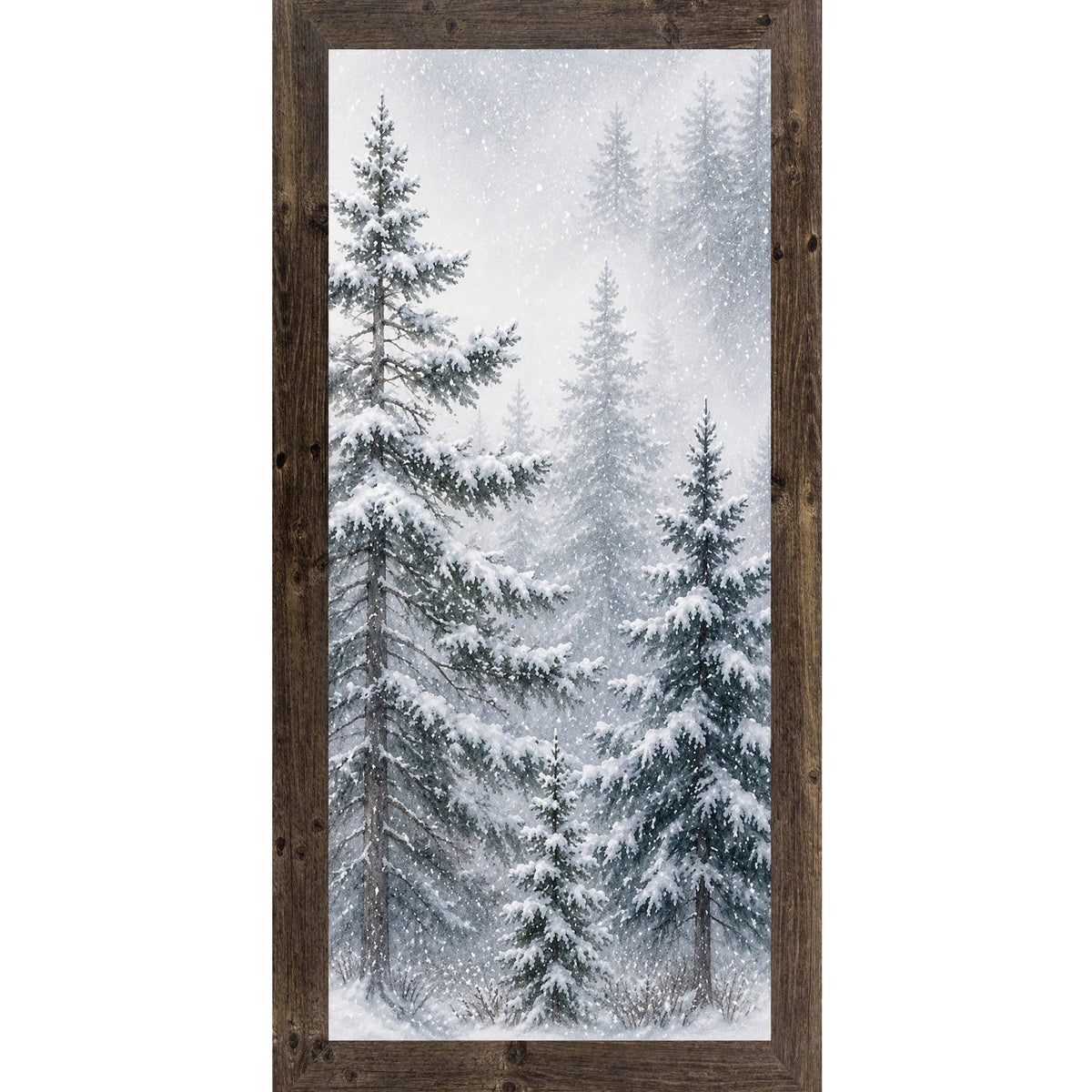 Natural brown framed narrow portrait watercolor winter wall art featuring a snowy pine forest with a tall evergreen leaning left through falling snow