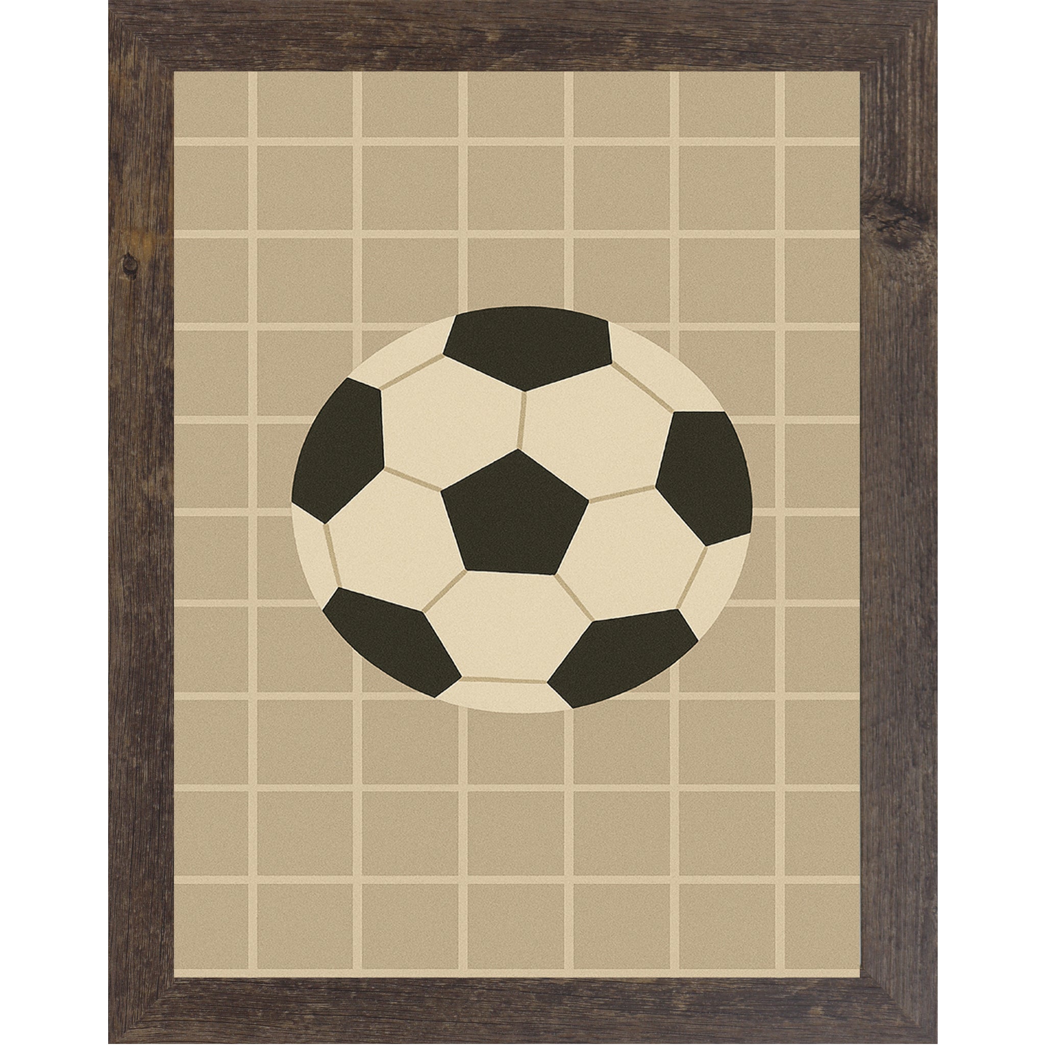 Natural Brown frame color Soccer ball wall art featuring a black and white soccer ball centered on a tan grid background.