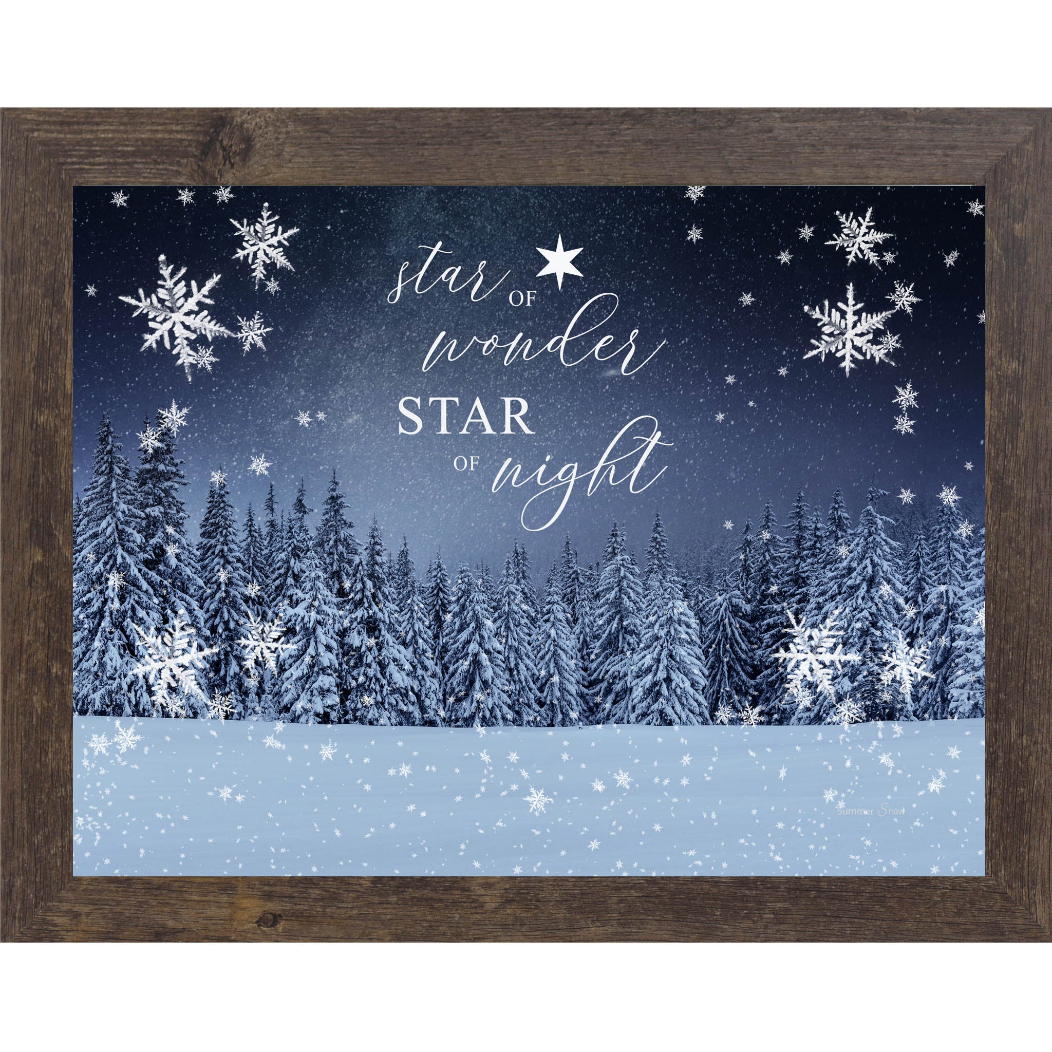 Winter forest Christmas wall art featuring snowy evergreen trees under a starry night sky with the phrase Star of Wonder Star of Night in elegant script.