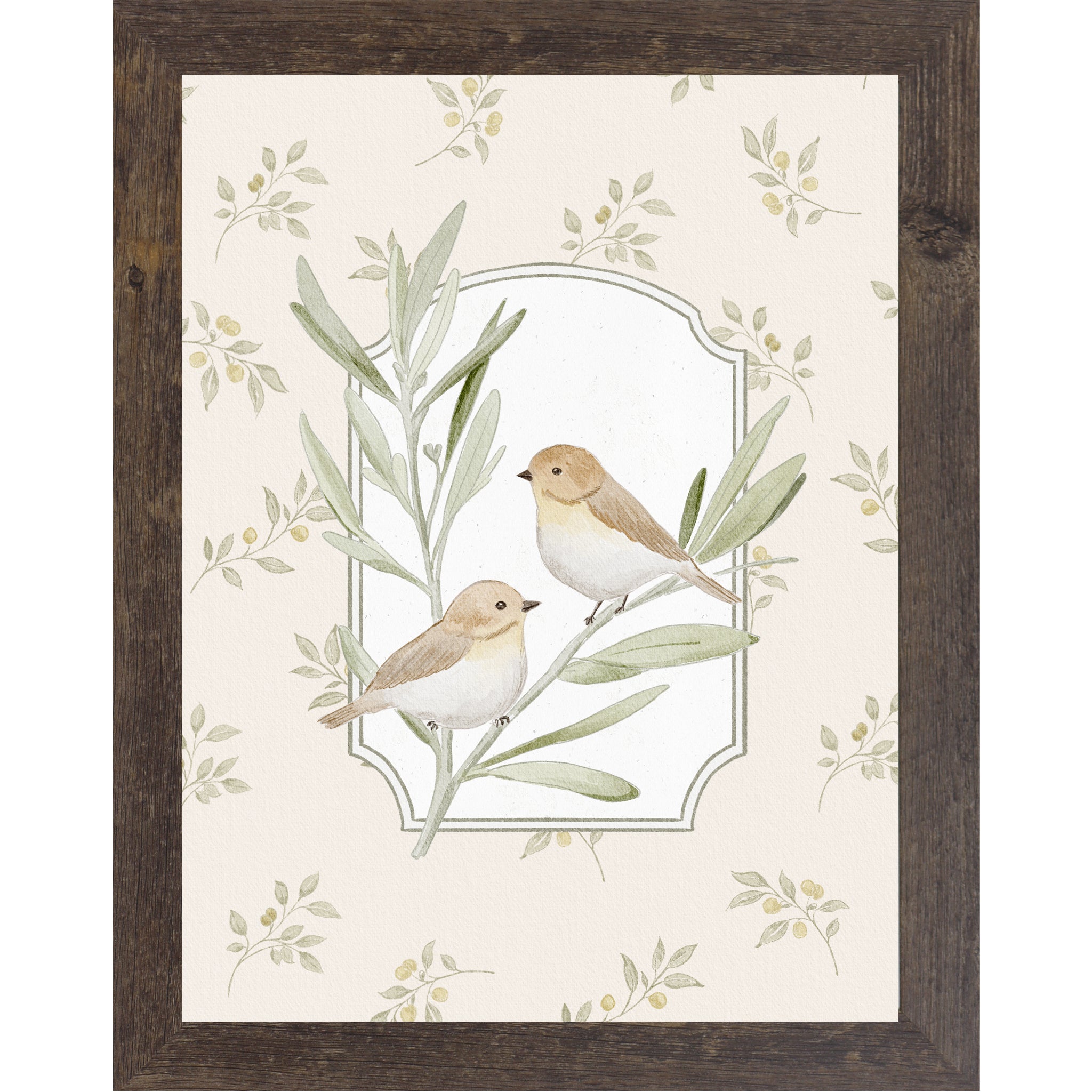 Natural Brown Vertical vintage bird wall art featuring two tan sparrows on leafy branches inside ornate frame panel with soft neutral floral background.