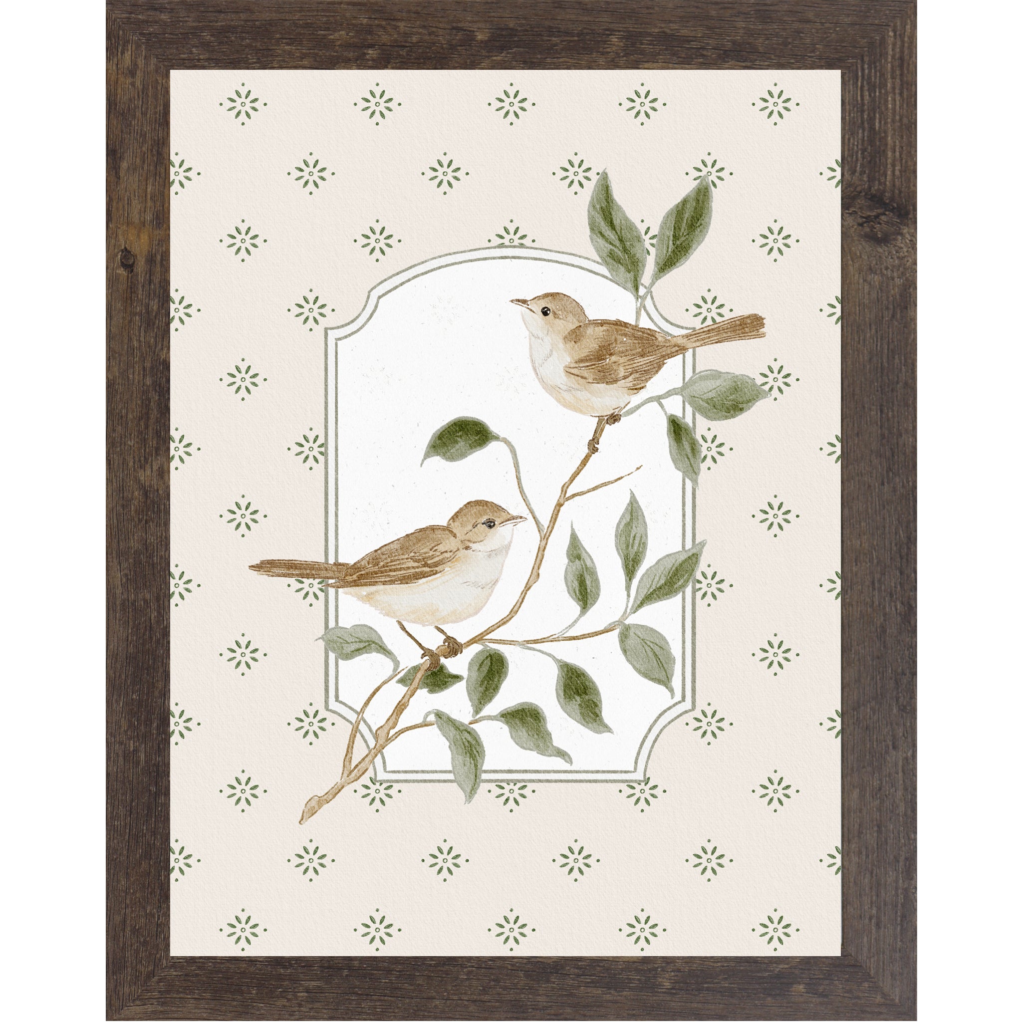 Natural brown frame color Vertical botanical bird wall art featuring two tan sparrows on branch with soft neutral star pattern background inside decorative frame panel.