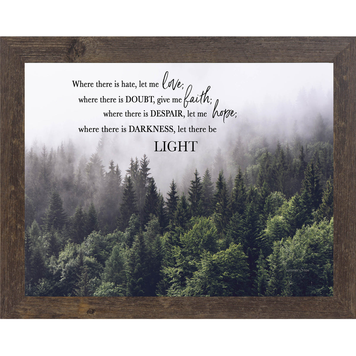 Inspirational Christian wall art featuring the phrase “Where there is hate, let me love” on a misty forest background with soft fog and light filtering through trees, in a framed horizontal design.