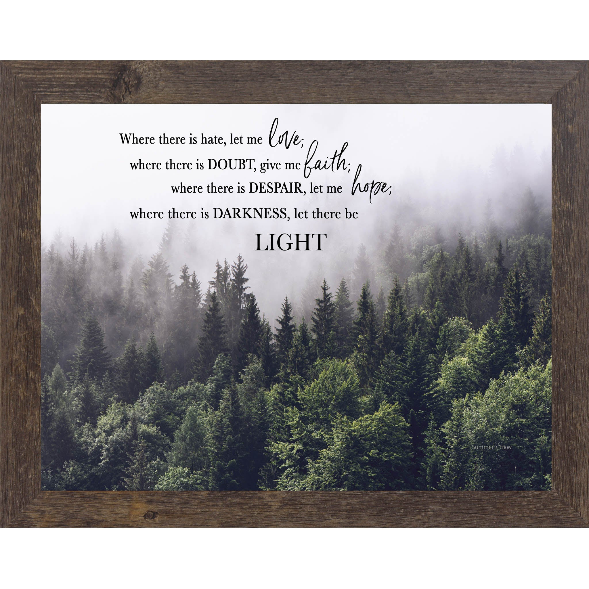 Inspirational Christian wall art featuring the phrase “Where there is hate, let me love” on a misty forest background with soft fog and light filtering through trees, in a framed horizontal design.