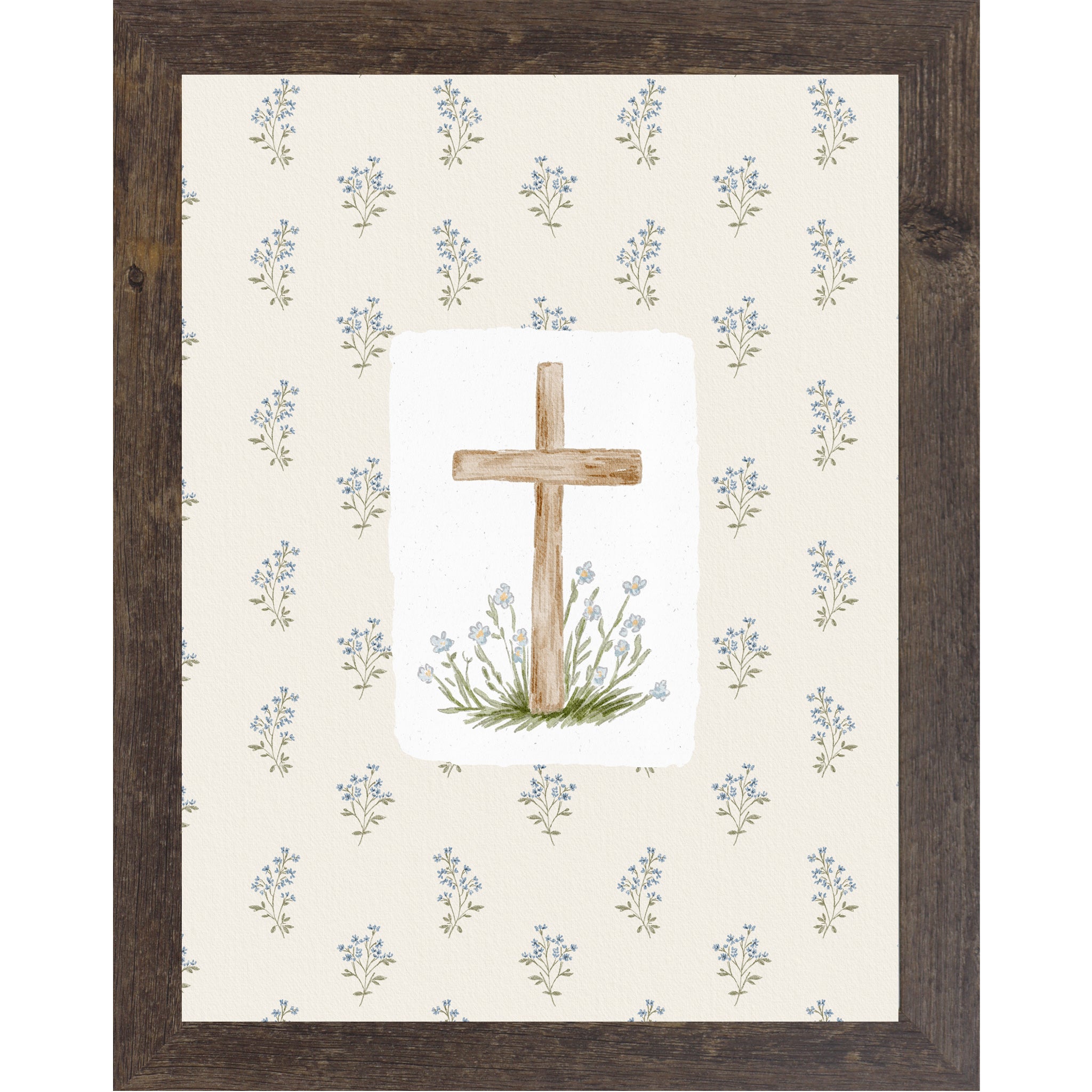 Vertical wooden cross wall art with soft blue florals on a neutral beige background in a framed Christian decor design.
