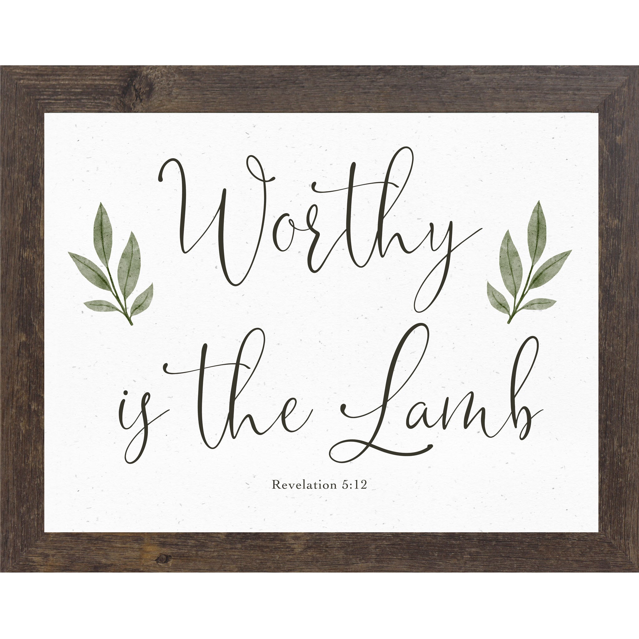 Horizontal Christian wall art featuring Worthy Is The Lamb Revelation 5:12 with green leaf accents on a neutral background.